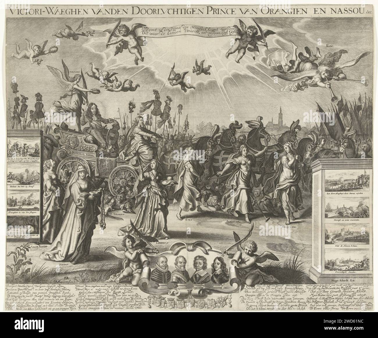Triumphwagen du Prince d'Orange, 1675, Daniël van den Bremden, d'après Adriaen Pietersz van de Venne, 1675 estampe allégorie en l'honneur des conquêtes de Guillaume III en 1674-1675. Défilé triomphal avec le stadholder dans un char Gemende par la foi (Fides), les chevaux accompagnés par la vertu espérance (Spes), la justice (Justitia), le pouvoir (Fortitudo), l'amour (Charitas), la folie (temperantia) et la prudence (Prudentia). A gauche pour l'amour de voiture pour la patrie (Amor patriae), la piété (Pietas) et Vrijheid (Libertas). Dans l'air la renommée (fama) et les anges. Au premier plan deux anges avec un cartouche avec le po Banque D'Images