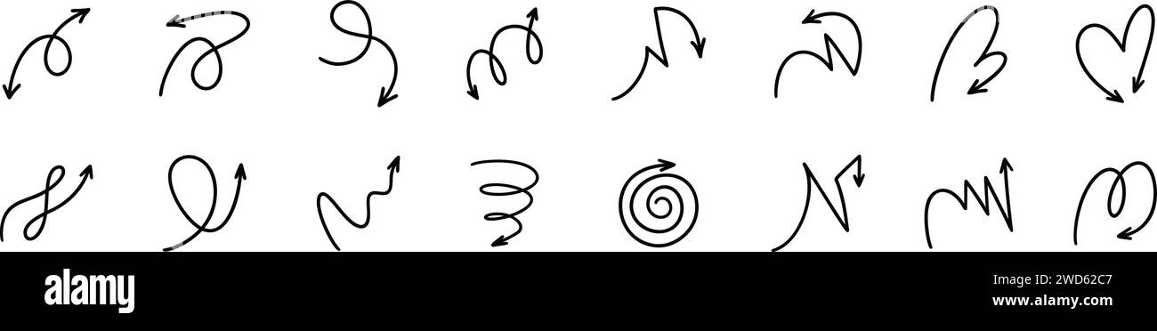 Jeu d'icônes de flèche vectorielle dessinées à la main. Stylo à croquis Doodle, crayon, dessin au crayon. Éléments de conception de ligne de chose. Haut, bas, droite, gauche, cercle, rebondir, spirale Illustration de Vecteur