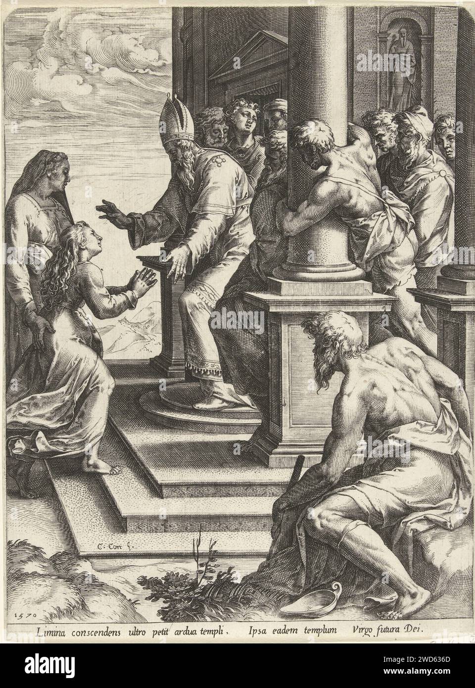 Présentation de Maria, Cornelis Cort, d'après Taddeo Zuccaro, 1570 estampe Maria est accompagnée de sa mère Anna au temple. Elle est accueillie par le grand prêtre Zacharias devant la porte du temple. Gravure sur papier Rome dédicace (ou présentation) de Marie dans le temple : elle monte les marches et est reçue par le grand prêtre Banque D'Images