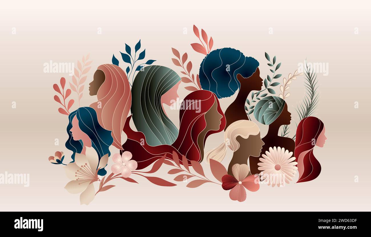 Silhouette de groupe de femmes multiculturelles avec des feuilles et des fleurs. Journée internationale de la femme. femmes de cultures différentes. Bannière Illustration de Vecteur