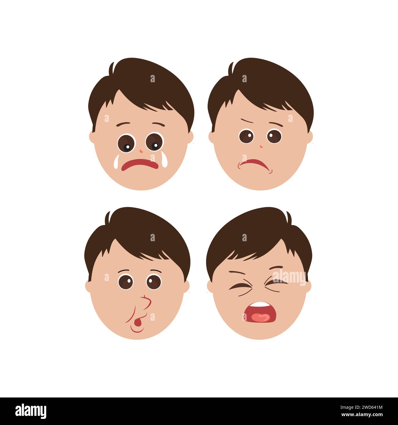 Expressions faciales mignonnes de petit garçon. Vecteur d'illustration de visages d'enfant avec différentes émotions telles que heureux, souriant, riant, clignant, en colère, confus Illustration de Vecteur