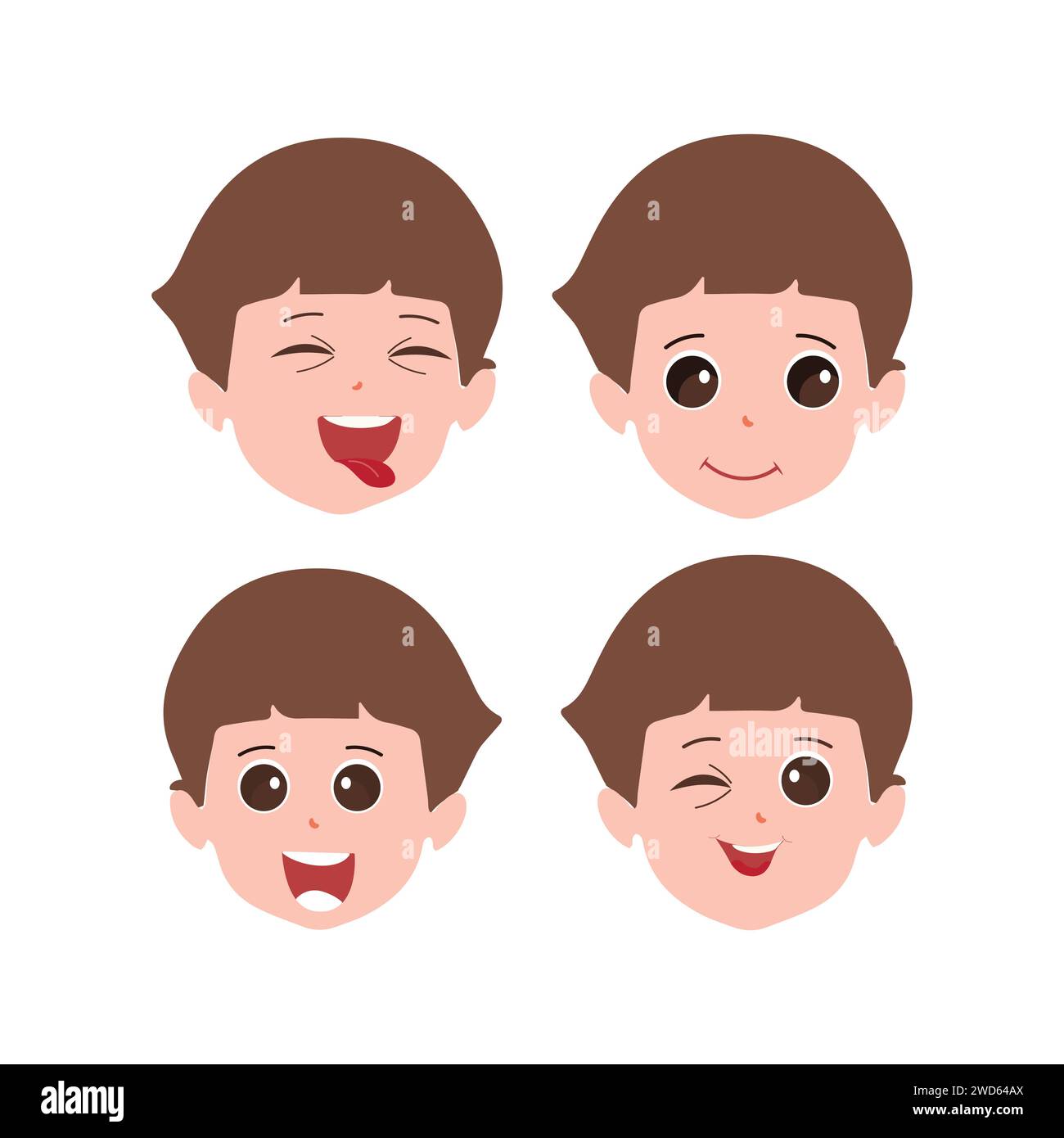 Expressions faciales mignonnes de petit garçon. Vecteur d'illustration de visages d'enfant avec différentes émotions telles que heureux, souriant, riant, clignant, en colère, confus Illustration de Vecteur