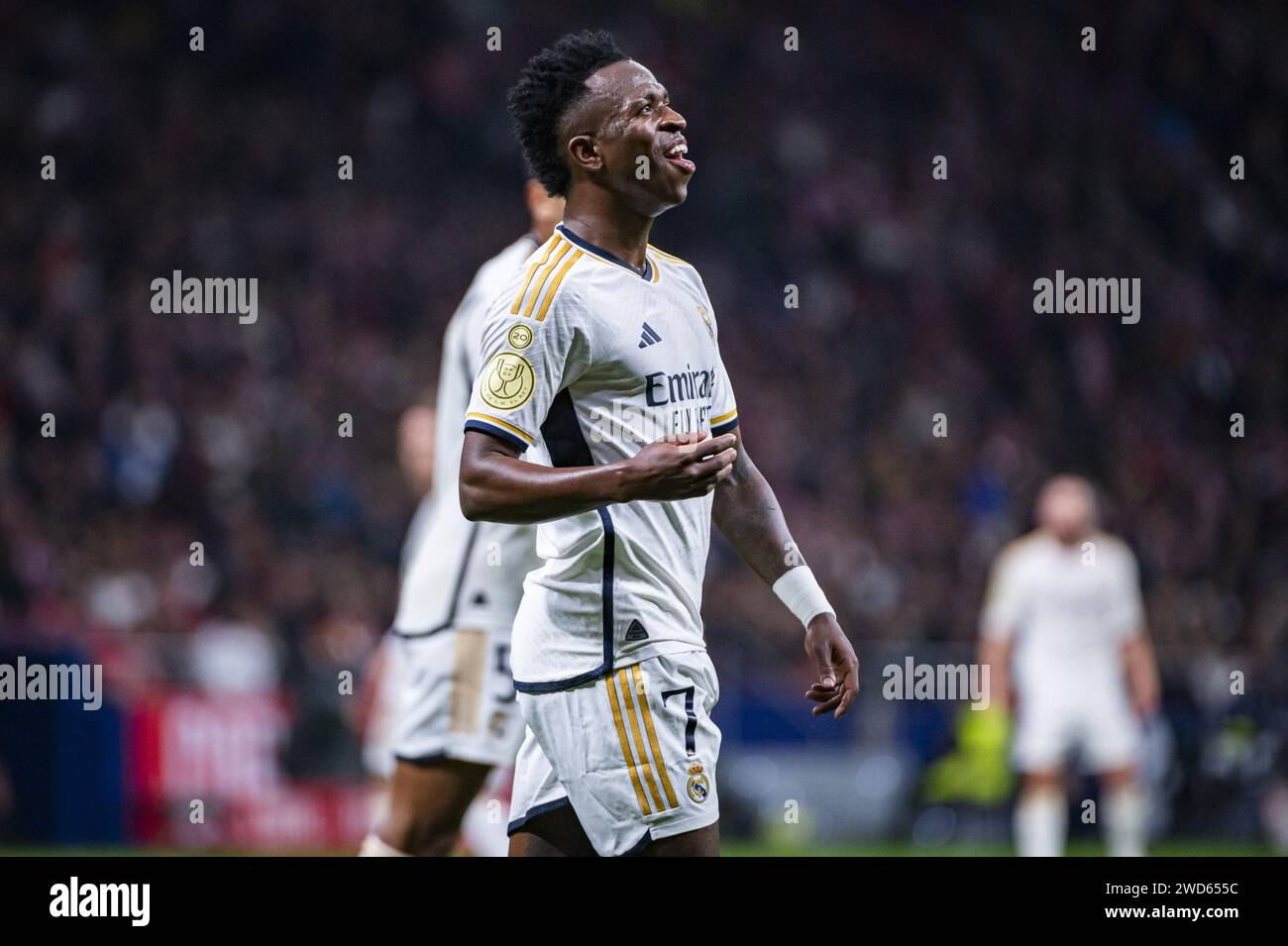 Madrid, Espagne. 18 janvier 2024. Vinicius Junior du Real Madrid vu lors du match de football valable pour le tour de 16 du tournoi Copa del Rey entre l'Atletico Madrid et le Real Madrid joué à l'Estadio Metropolitano à Madrid, Espagne. Crédit : Agence photo indépendante/Alamy Live News Banque D'Images