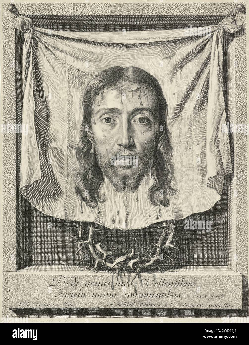 Blueham van H. Veronica, Nicolas de Plattemontagne, d'après Philippe de Champaigne, 1650 - 1706 impression du tissu de sueur de Sainte Véronique sur lequel l'impression du visage du Christ. Sous le tissu la couronne d'épine. Dans la marge une citation de la Bible de JES. 50 : 6 en latin. Gravure sur papier Paris 'Vera Icon', 'Sudarium', Veronica-portrait. couronne d'épines  instruments de la passion Banque D'Images