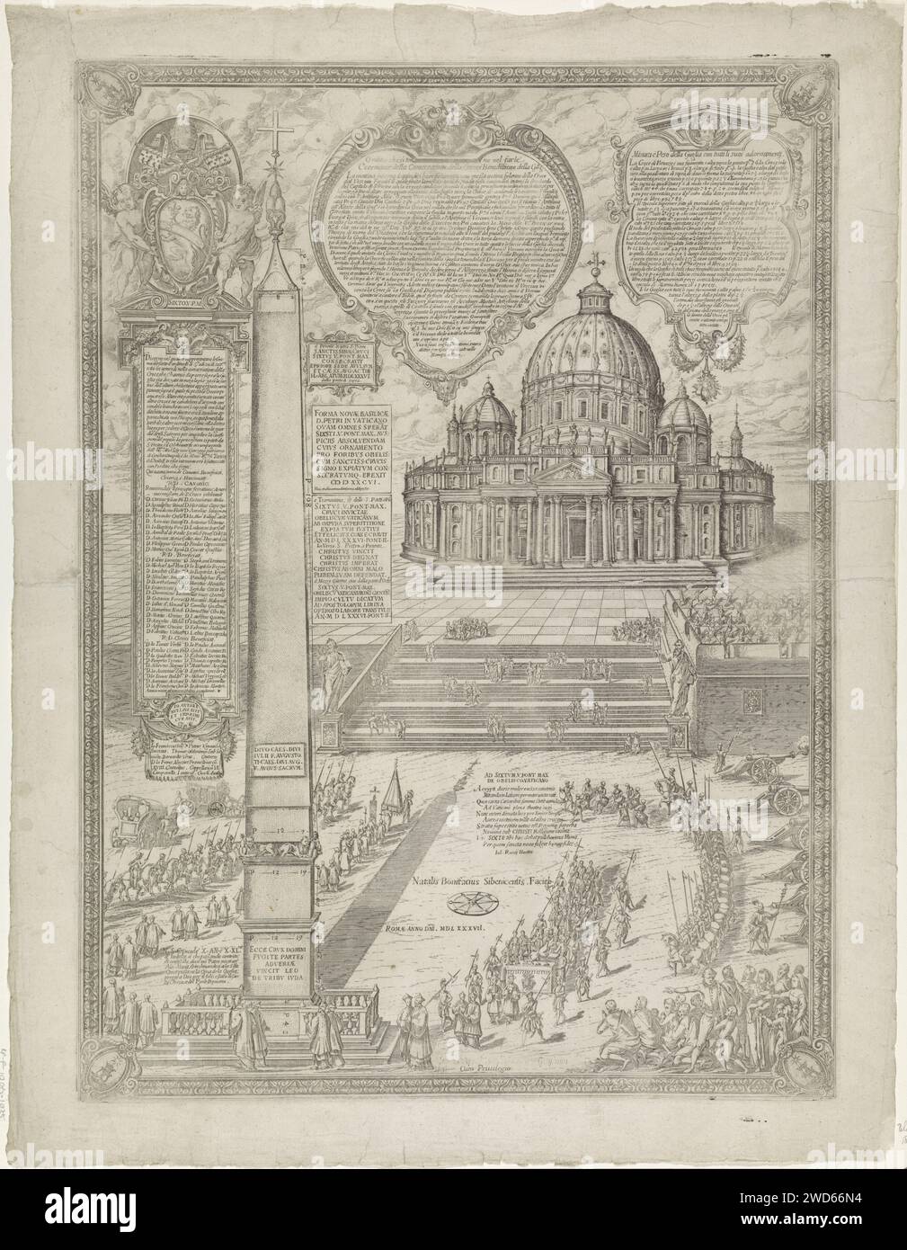 Mariage de la croix sur l'obélisque du Vatican, natal Bonifazio da Sebenico, 1587 imprimer vue de Sint-Pietersplein, avec l'obélisque du Vatican et le Saint Basilique Pierre. Une cérémonie religieuse a lieu sur la place : la consécration de la croix qui a été placée sur le dessus de l'Obélisque du Vatican pendant le pontificat du pape Sixte V. au-dessus de six cartouches avec texte en italien. Le spectacle est pris dans un cadre décoratif. Obélisque de gravure de papier Rome, aiguille. Église catholique romaine St. Basilique de Pierre. Saint Peters Square Banque D'Images