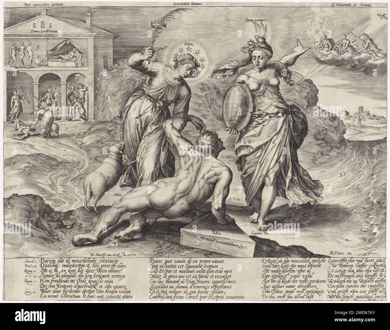 Résurrection humaine, Hieronymus Wierix, d'après Ambrosius Francken (I), d'après Willem van Haecht (I), 1578 impression allégorie sur le salut de l'homme. La grâce divine (gratia) aide l'homme déchu (gay) à se relever. L'homme soutient sa main sur une pierre, le symbole du Christ comme pierre angulaire appelée connaissance de Dieu (Cognito dei). À gauche en arrière-plan, elle s’occupe également de l’homme déchu, devant la maison des ténèbres (Domus Tenebrarum) où il vient de sortir. Dans la maison, les performances des tirages précédents de cette série sont plus ou moins répétées. Sur le côté droit de l'impression se trouve Banque D'Images
