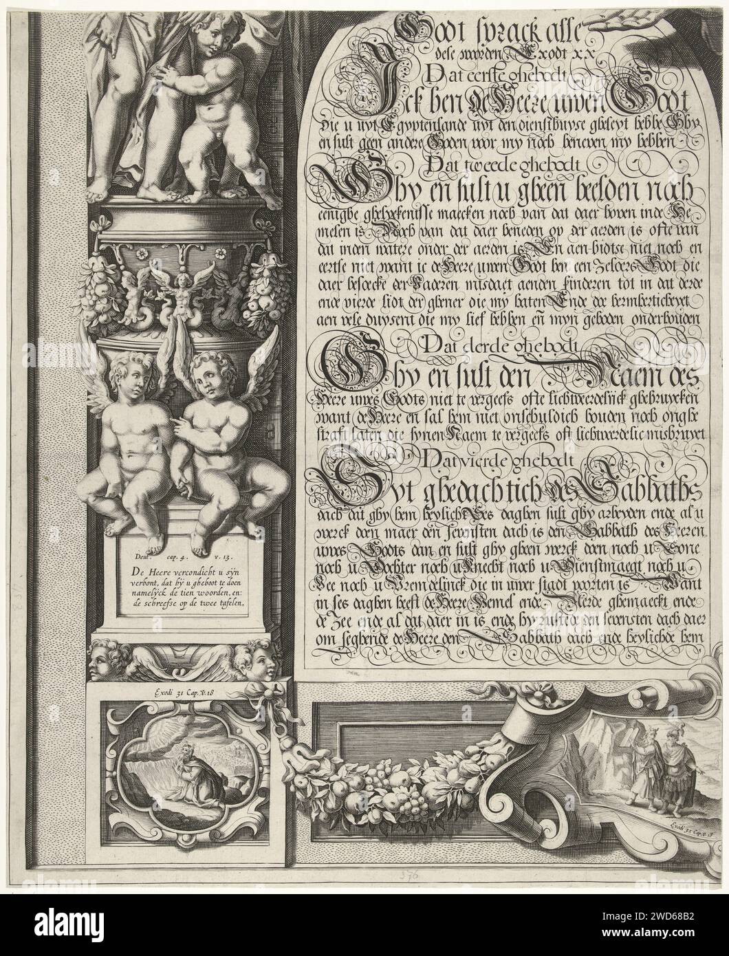 Mozes et Aaron avec les tables de la Loi (feuille en bas à gauche), Simon Frisius, 1670 - 1726 imprimer les quatre premiers commandements des tables de la Loi. En bas à gauche un cartouche avec la présentation du Moïse priant pour recevoir les tables de la Loi. Au-dessus, deux putti assis sur un élément décoratif avec un texte chrétien dessus. Imprimeur : Northern Netherlandspublisher : Amsterdam gravure sur papier les dix commandements représentés ensemble sur des tablettes de pierre. Banque D'Images