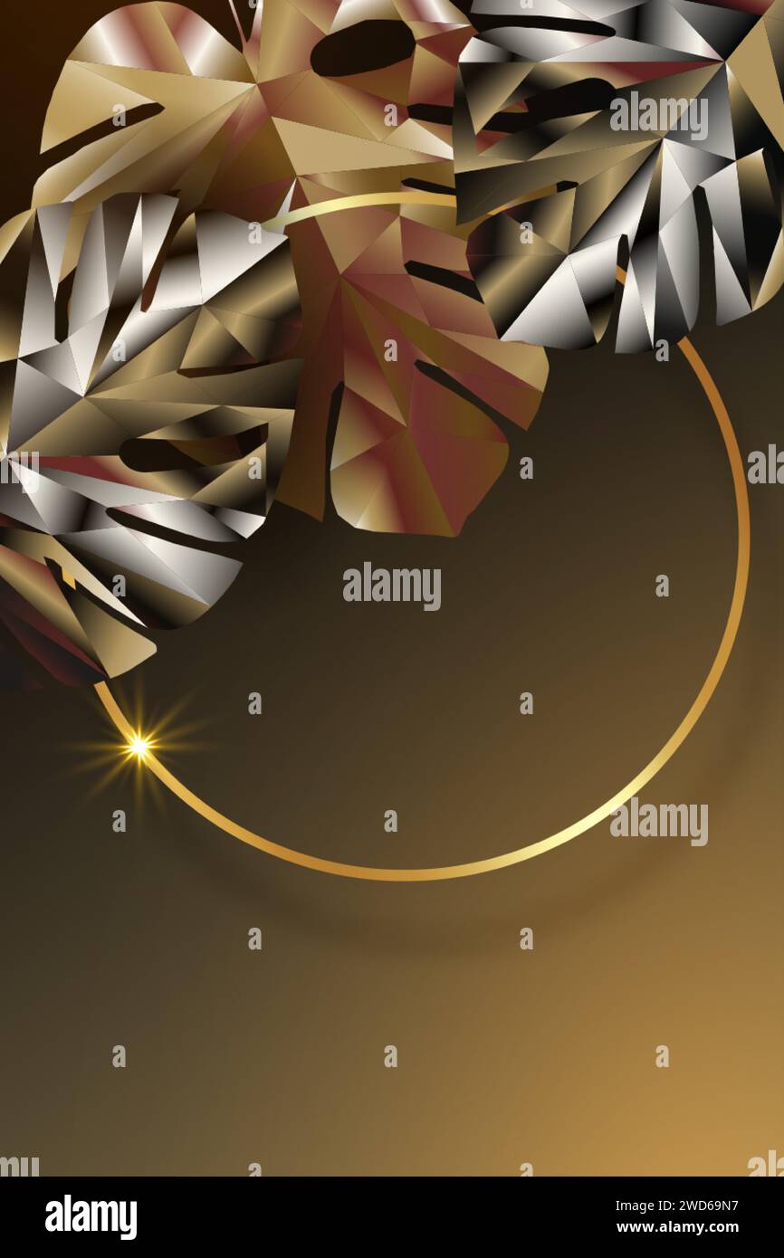 Bannière de feuilles exotiques modernes, conception de couverture. Feuille tropicale polygonale de fond floral de Monstera plante low poly. Cadre de cercle d'or premium, vecteur Illustration de Vecteur