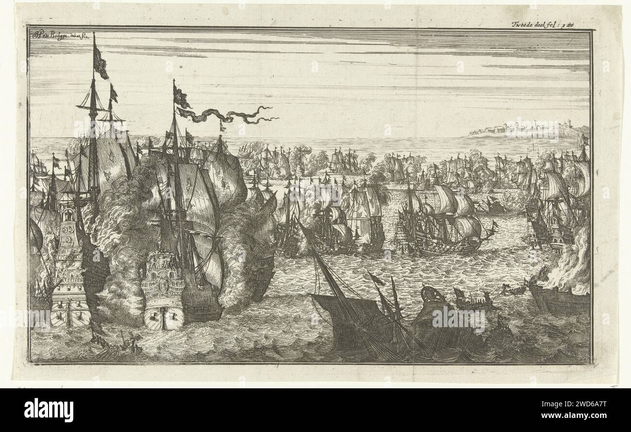 ZeeSlag, Herman Padtbrugge, 1674 - 1676 imprimer Une bataille maritime, à gauche le combat entre un navire hollandais et un plus grand Admiralschip avec trois lunes sur le miroir, brûlant et coulant des navires. Au loin un village sur une colline. Marqué en haut à droite : deuxième partie fol : 120. Bataille de gravure sur papier du nord des pays-Bas (+ force navale) Banque D'Images