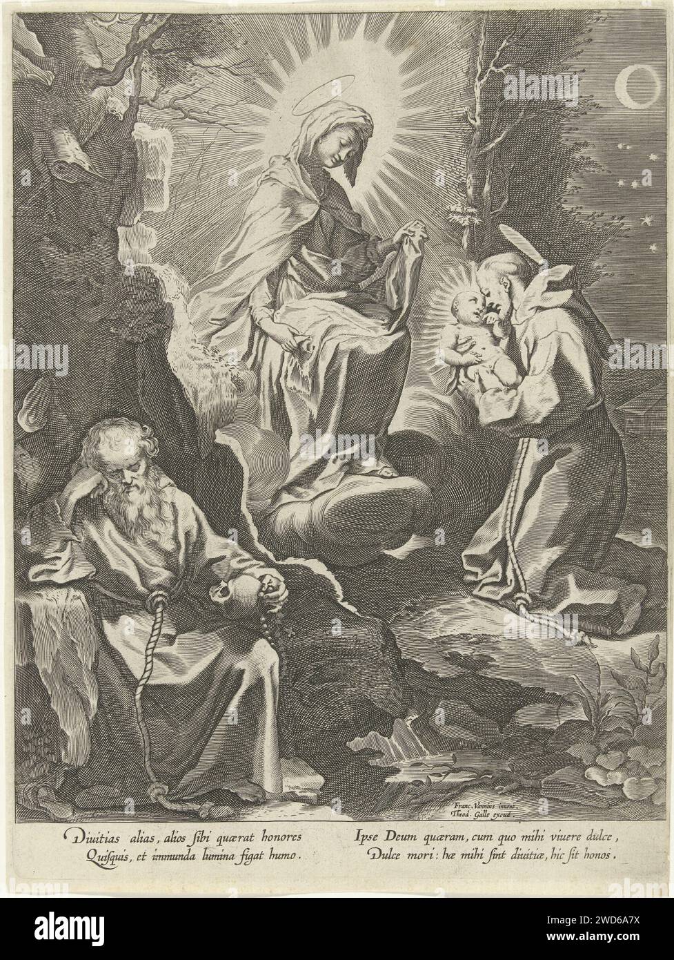 H. Franciscus d'Assise a une vision de Marie et de l'enfant, Anonyme, d'après Francesco Vanni, d'après Cornelis Galle (I), 1586 - 1633 imprimer le Saint François d'Assise est dans un paysage rocheux. Il est en contemplation avec un crâne et un chapelet priant. Sur la droite, vous pouvez voir comment il tient l'enfant Christ dans ses bras dans une vision et adorer Marie. Imprimeur : Southern Netherlandspublisher : Anvers gravure sur papier de la Vierge Marie remettant le Christ enfant à Saint François d'Assise Banque D'Images