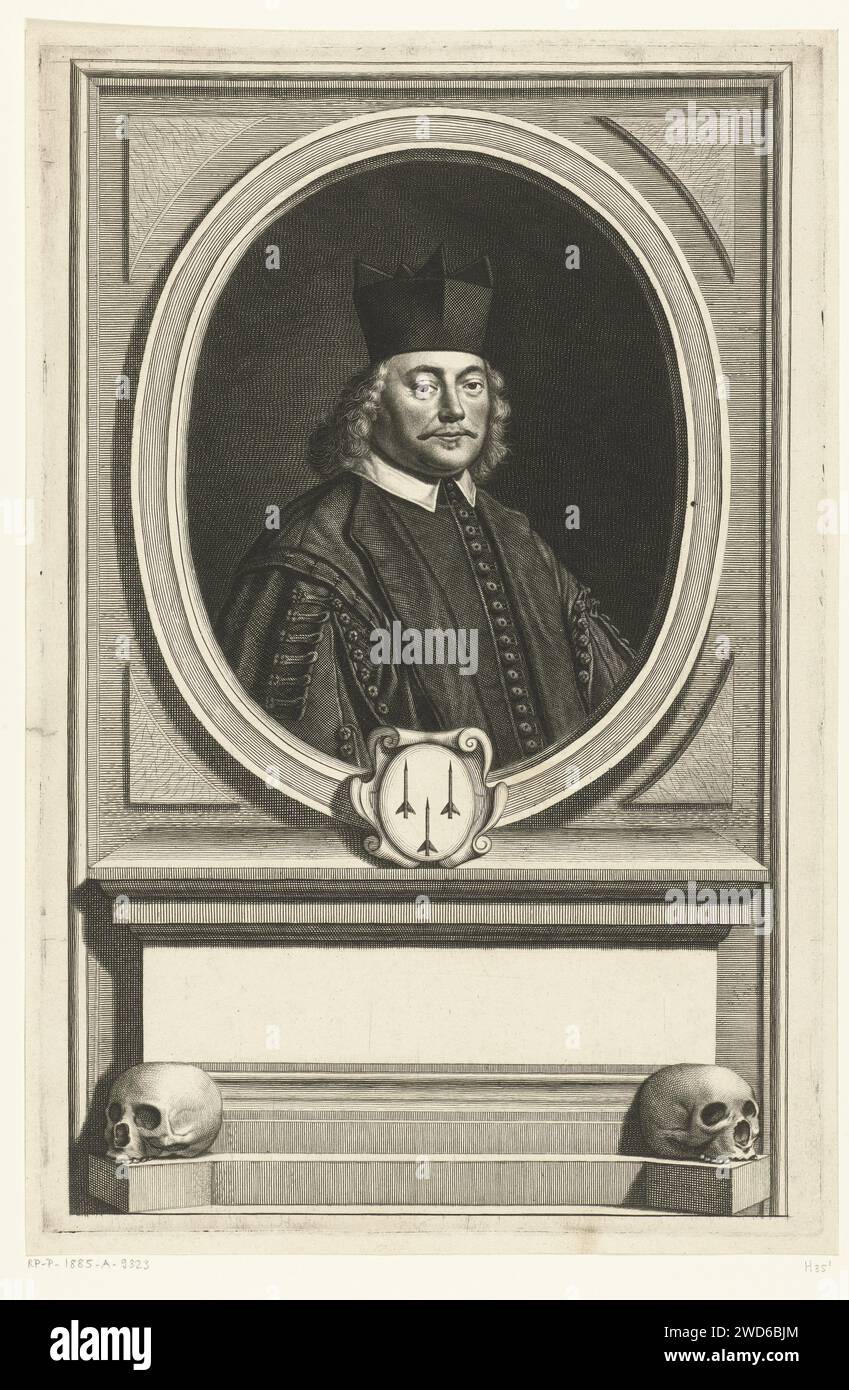 Portrait de Johannes de bout, Hendrik Bary, d'après Hendrick Cornelisz van Vliet, 1677 - 1679 estampe buste du pasteur Johannes de bout à Ovaal. Une arme sous le portrait. Gravure sur papier pays-Bas Banque D'Images