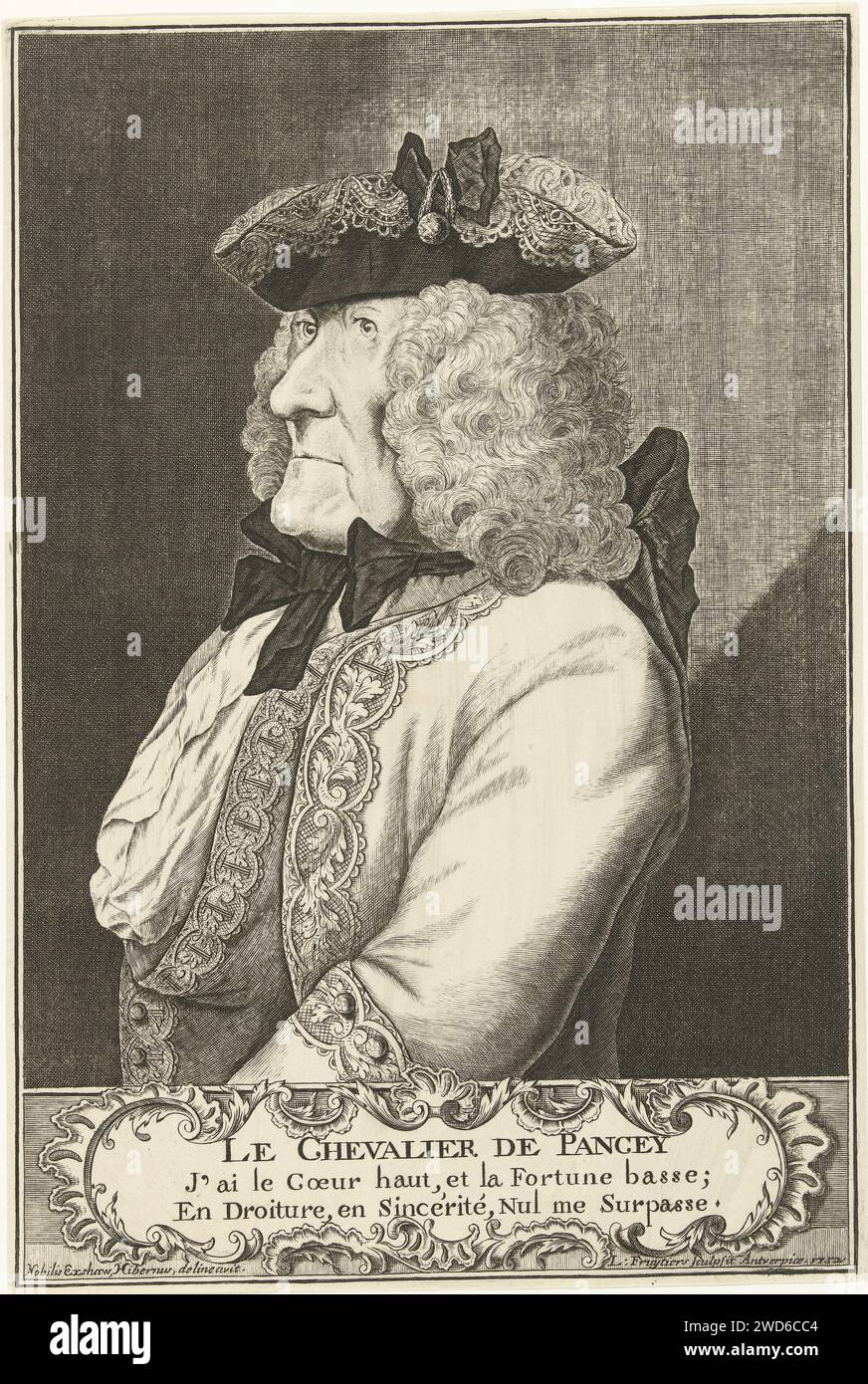 Portrait de la Ridder de Pancey, Lodewijk Joseph Fruytiers, d'après Hibernus, 1752 tirage Portrait buste à gauche de la Ridder de Pancey, avec chapeau. Sous le portrait, le nom de la personne représentée et un texte de deux lignes en français sont dans un cartouche. Anvers gravure sur papier / gravure Banque D'Images