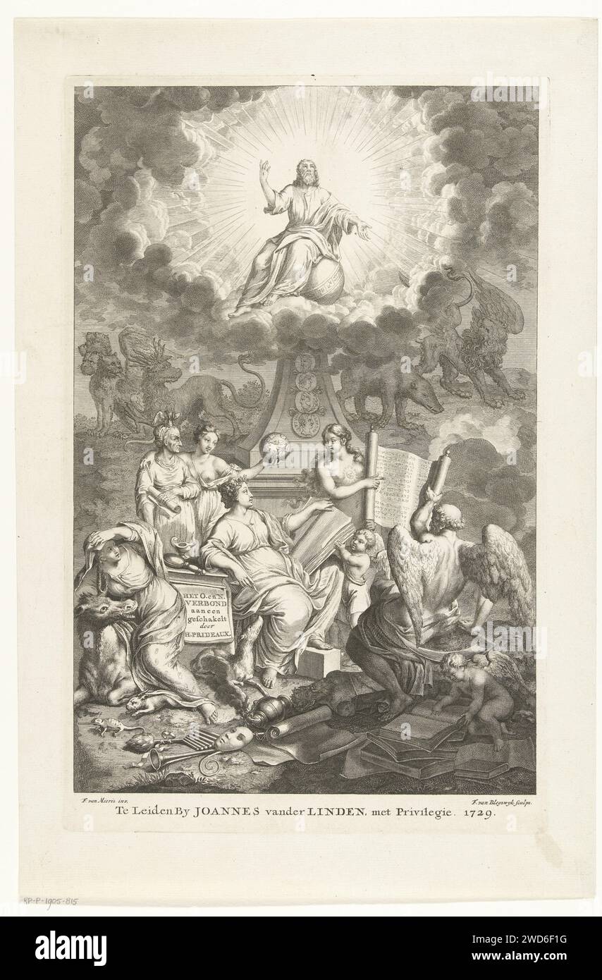 Allégorie sur l'ancien et le Nouveau Testament, François van Bleyswijck, d'après Frans van Mieris, 1729 imprimer allégorie sur l'ancien et le Nouveau Testament avec le temps des pères et muses avec différents attributs tels que Schrifrol, peut-être avec les dix Commandements et globe. Sur le sol est une image renversée de Pan comme un signe d'idolâtrie. Au-dessus de ce groupe, Christ comme Salvator Mundi à Stralenkrans est entouré de quelques animaux monstrueux. Leiden gravure sur papier / gravure 'Salvator Mundi', faisant un geste de bénédiction ; un orbe dans sa main ou à ses pieds. Père temps, homme avec des ailes et une faux. aspects de la science en général ( Banque D'Images