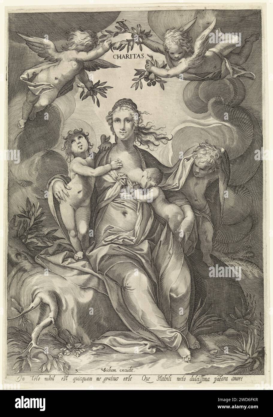 Liefde, anonyme, d'après Jan Saenredam, d'après Hendrick Goltzius, 1601 - 1651 imprimer la personnification féminine de l'amour, l'une des trois vertus divines, siège un enfant et embrasse deux enfants debout à côté d'elle. Putti volant au-dessus de sa tête avec une couronne de Laurier et des fleurs. Après impression par : Northern Netherlandspublisher : Amsterdam gravure sur papier Charity, 'Caritas' ; 'CaritÃ ' (Ripa)  une des trois vertus théologiques Banque D'Images