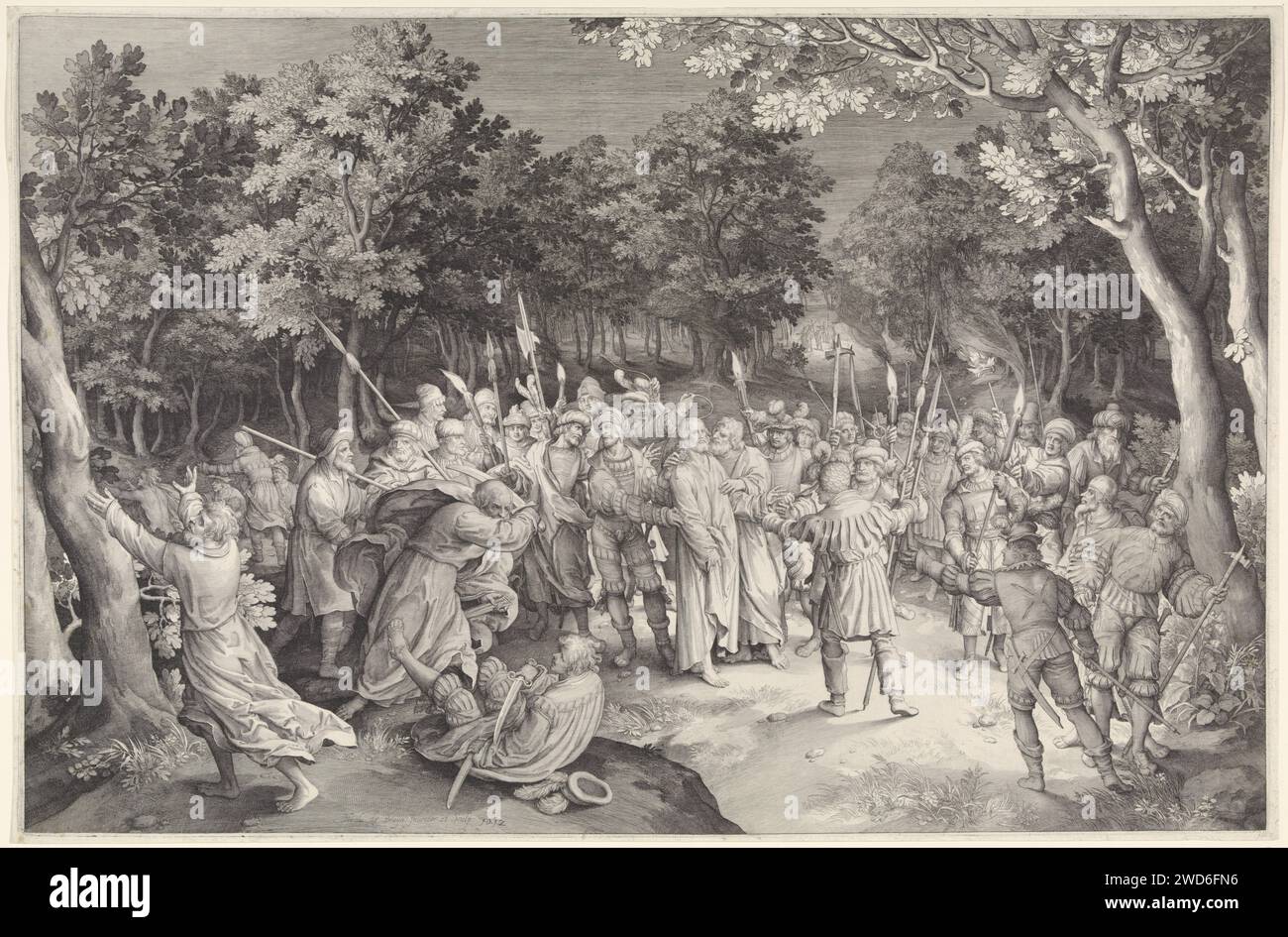 Judaskus et arrestation du Christ, Nicolaes de Bruyn, 1612 - 1615 imprimer Christ et ses élèves dans le Hof van Getsemane. Judas embrasse Christ sur la joue. Les soldats l'encerclent et l'arrêtent. Pierre tente de défendre Christ et attaque un des soldats. Papier anversois gravant le baiser de Judas : accompagné de soldats aux torches et aux lanternes, il embrasse le Christ. Pierre tire son épée et coupe l'oreille de Malchus Banque D'Images