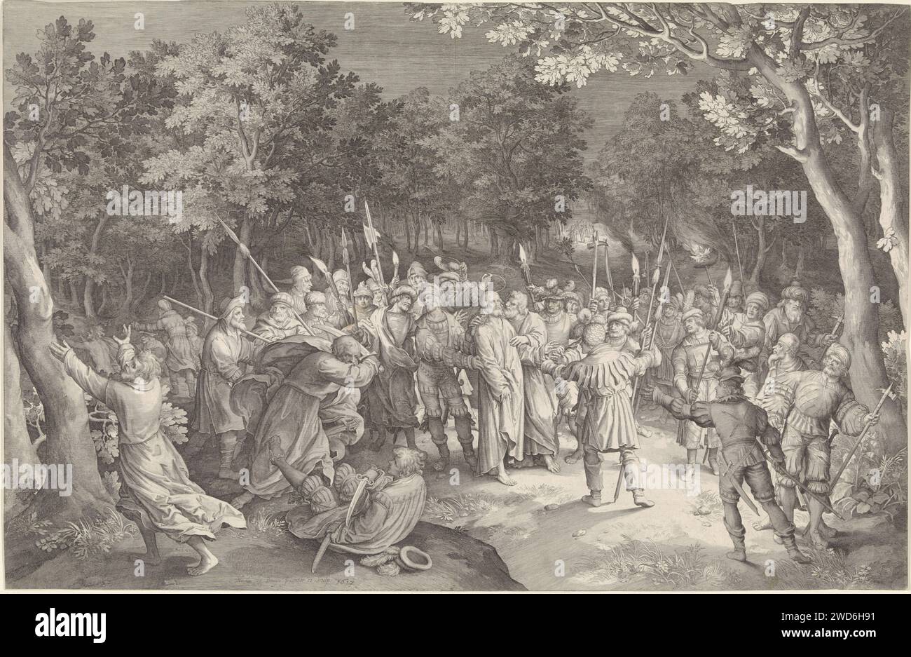 Judaskus et arrestation du Christ, Nicolaes de Bruyn, 1612 imprimer Christ et ses élèves dans le Hof van Getsemane. Judas embrasse Christ sur la joue. Les soldats l'encerclent et l'arrêtent. Pierre tente de défendre Christ et attaque un des soldats. Papier anversois gravant le baiser de Judas : accompagné de soldats aux torches et aux lanternes, il embrasse le Christ. Pierre tire son épée et coupe l'oreille de Malchus Banque D'Images