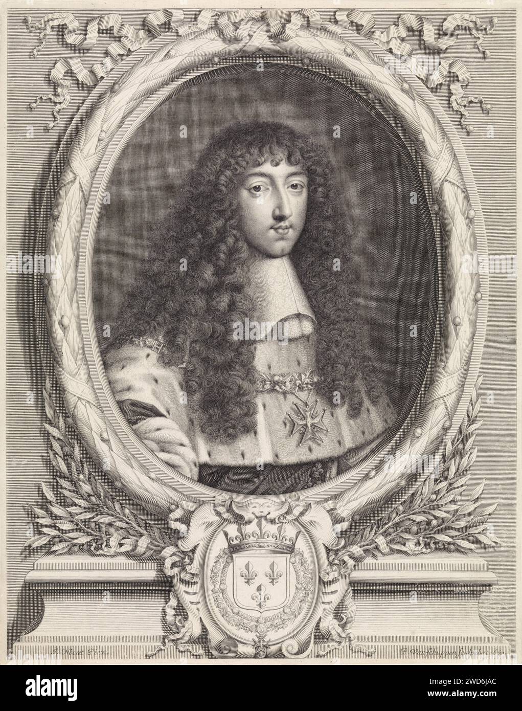 Portrait de Philippe Ier, Duc d'Orléans, Pieter van Schuppen, d'après Jean Nocret, 1660 gravure sur papier Paris gravure chevalier ordre du Saint-Esprit - insignes d'un ordre chevalier, e.g. : badge, chaîne (avec NOM DE l'ordre) Banque D'Images