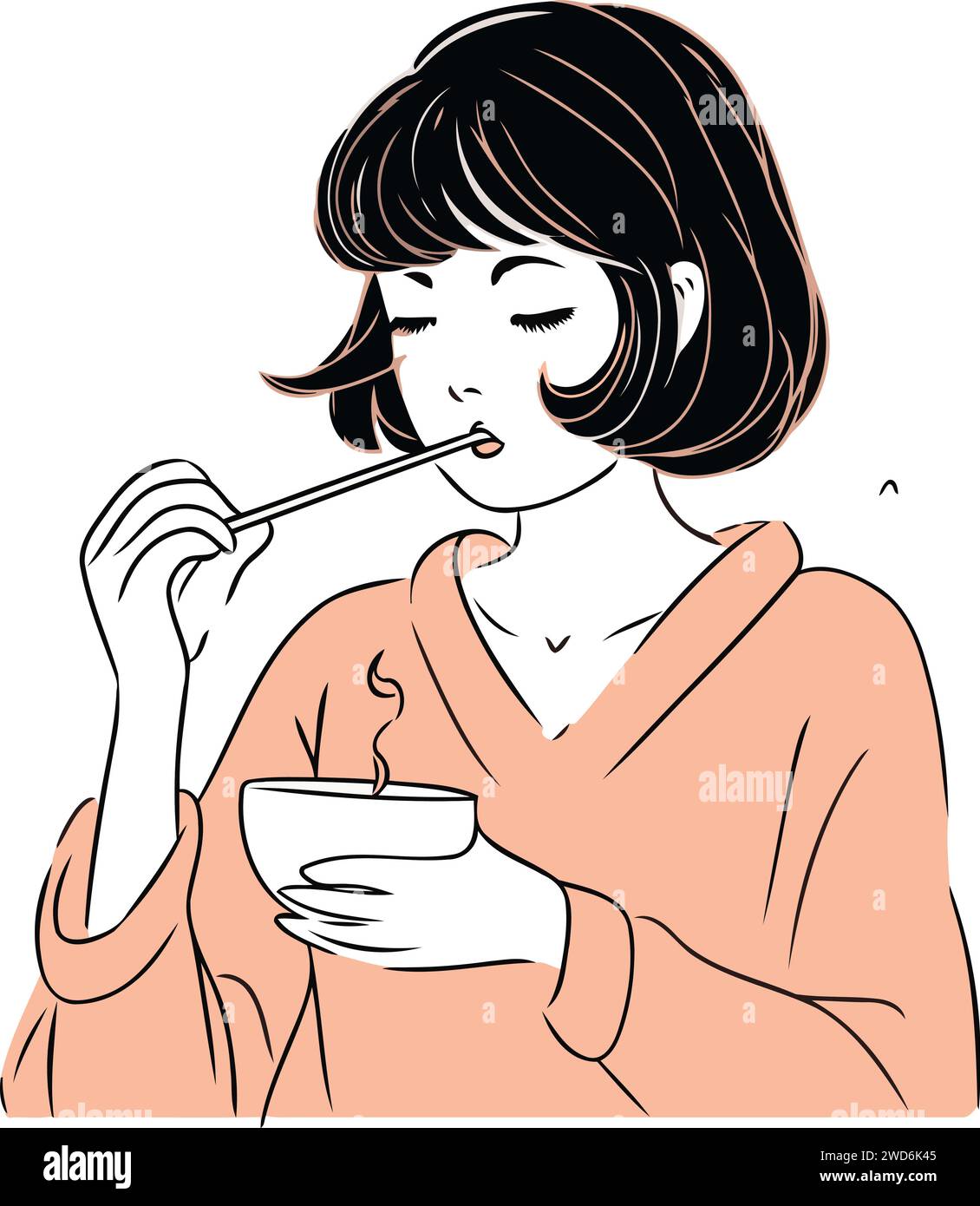 Femme en peignoir tenant une tasse de thé chaud. Illustration vectorielle. Illustration de Vecteur