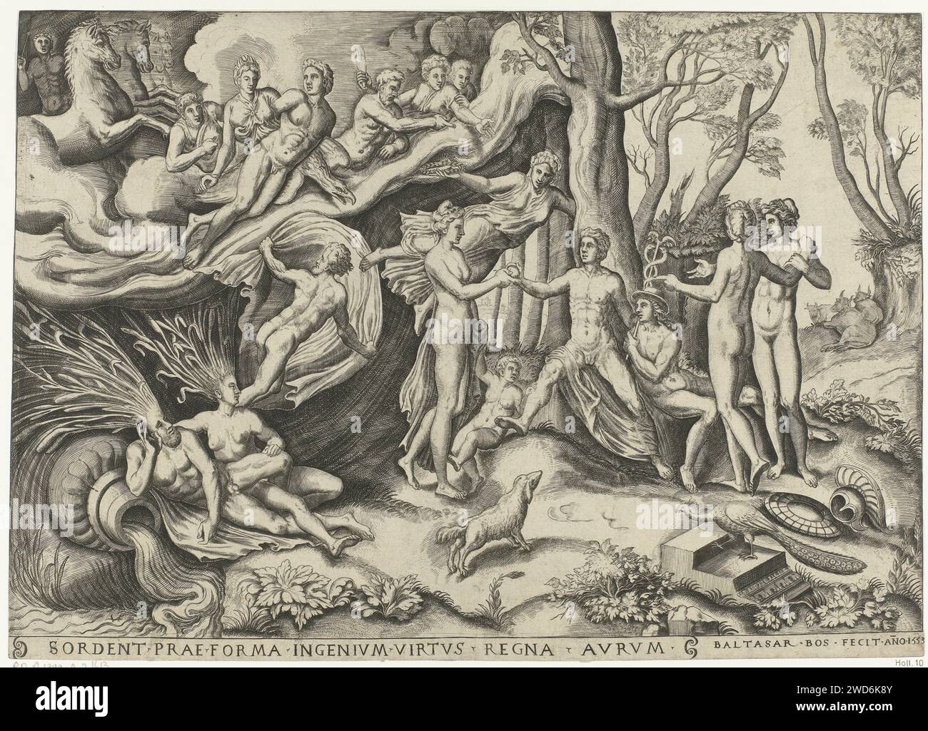 Jugement de Paris, Balthazar van den Bos, après Rosso Fiorentino, 1553 imprimer le jugement de Paris. Le Berger Paris doit juger les trois plus belles déesses de l'Olympe sur leur beauté : Juno (dans l'empreinte indiquée par le paon), Minerve (casque et bouclier) et Vénus (accompagnée d'Amor). Il donne la pomme d'or d'Eris, la déesse de la torsion, à Vénus parce qu'elle lui promet l'amour de la plus belle femme du monde (Helena van Sparta). Vénus est donc couronnée dans l'estampe avec une couronne de Laurier. En dehors de Paris, Vénus, Juno et Minerve, Mercure peut aussi être identifié Banque D'Images
