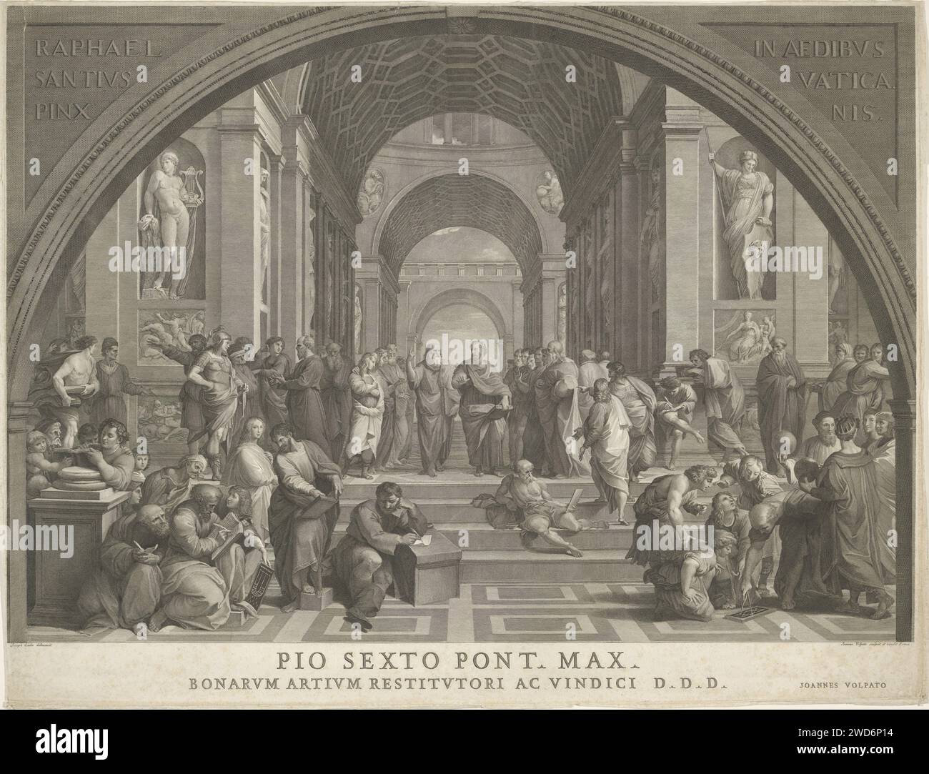 De School Van Athene, Giovanni Volpato, d'après Giuseppe Cades, d'après Rafaël, 1743 - 1803 imprimer la fresque 'l'école d'Athènes' de Rafaël dans la strophe della Segnatura dans le palais apostolique au Vatican. Il montre une école de philosophes ou agora où de célèbres philosophes et érudits grecs, comme Aristote, Platon et Socrate, parlent en groupes. C'est une représentation de la philosophie et de sa recherche rationnelle de la vérité. Imprimeur : Romeafter dessin par : Italyafter peinture par : VaticaanstadRome gravure sur papier / gravure érudit, philosophe Banque D'Images