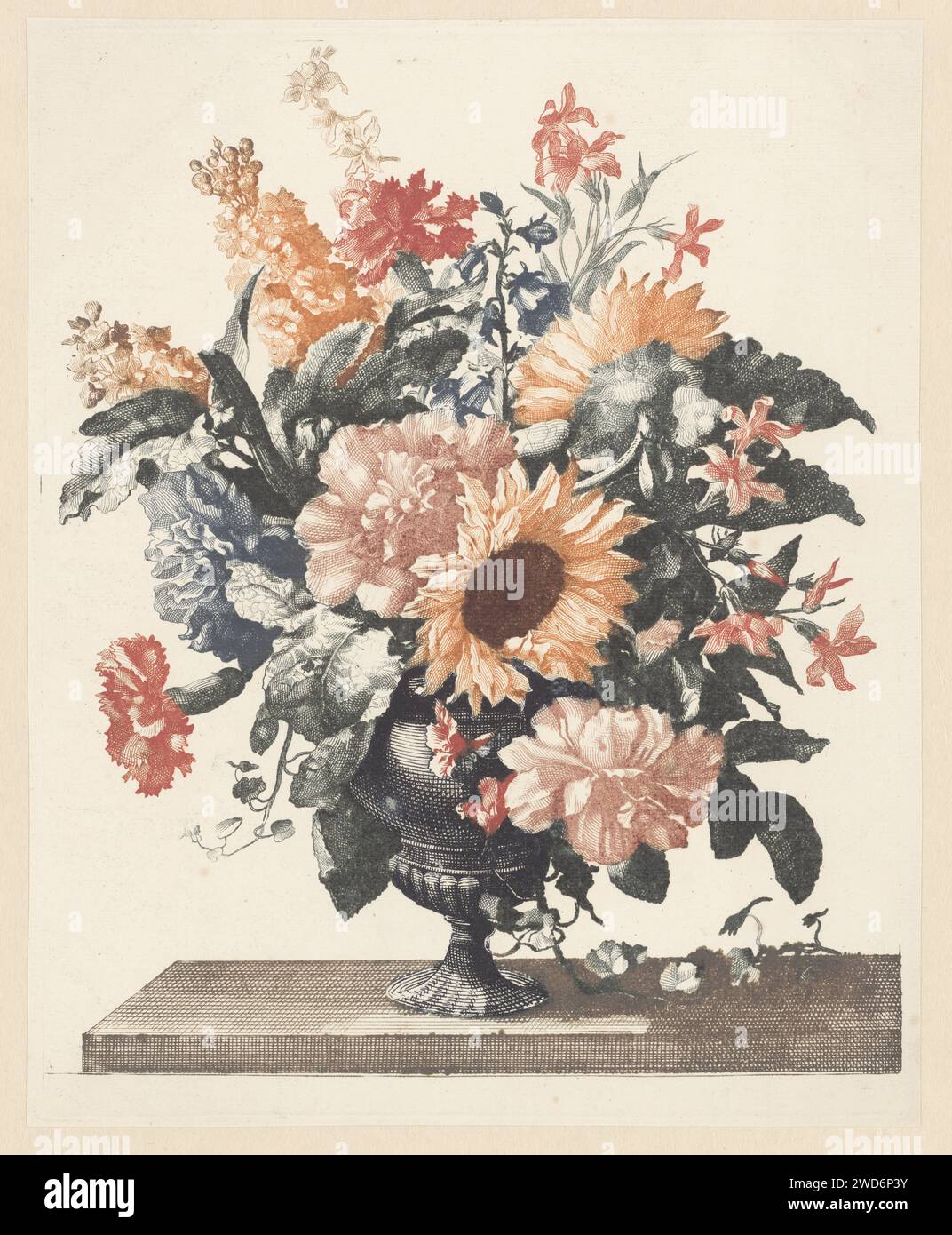 Vase en pierre avec tournesols et œillets, Anonyme, d'après Jean Baptiste Monnoyer, 1688 - 1698 imprimer pays-Bas papier gravure / gravure de fleurs dans un vase Banque D'Images