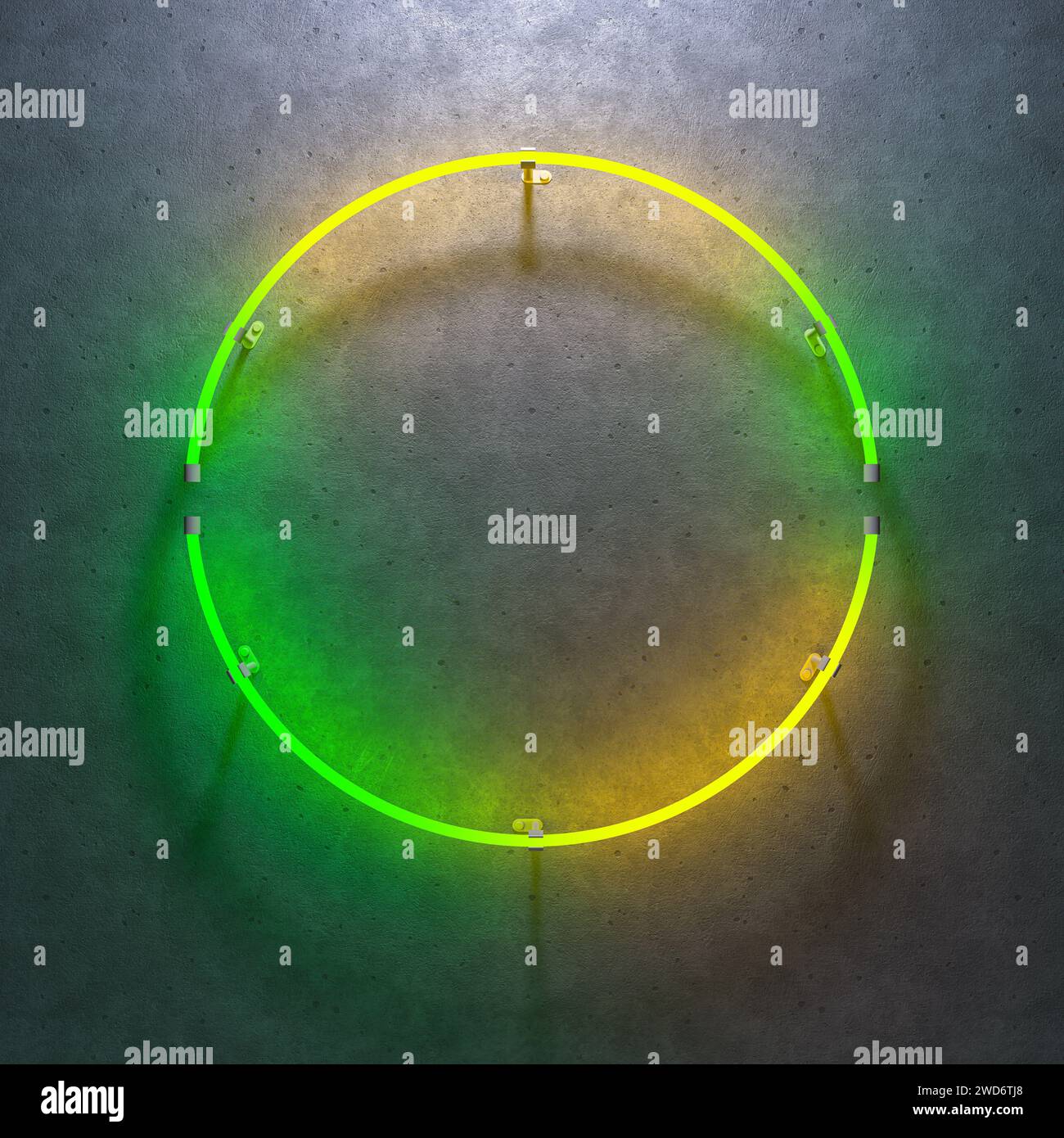 Cadre néon lumineux de forme ronde sur mur de béton gris foncé. Dégradé vert à jaune. illustration 3d. Banque D'Images
