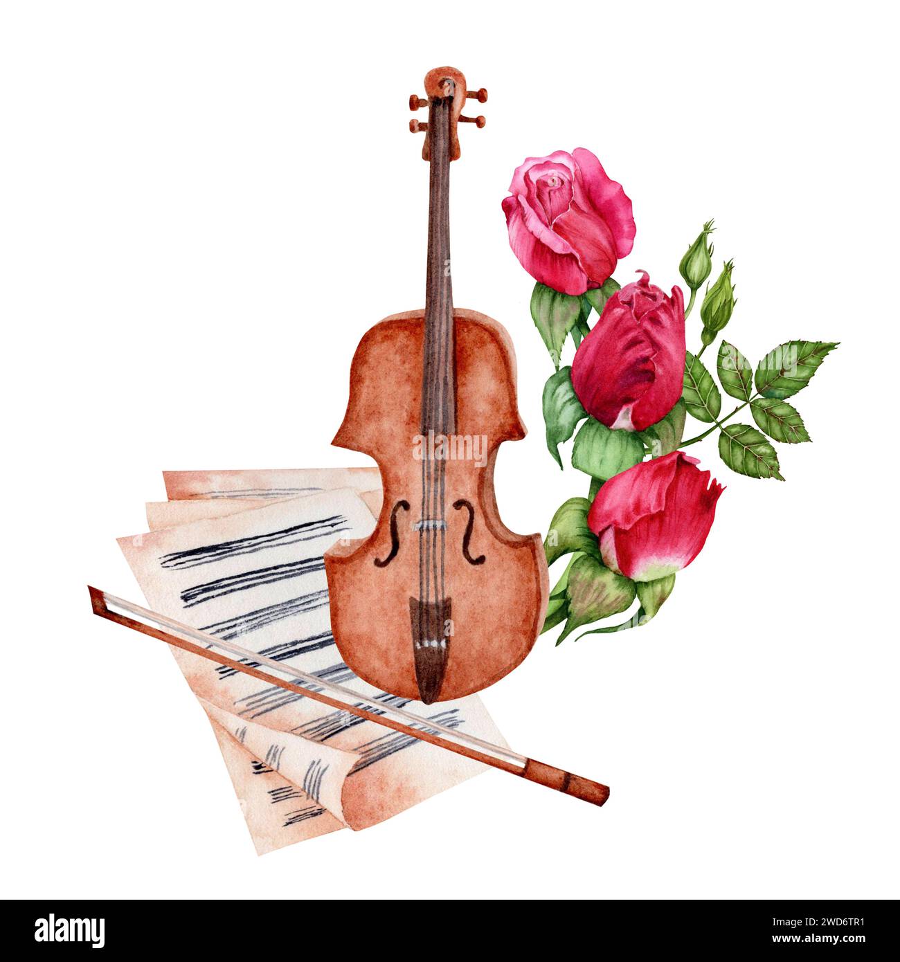Violon avec arc et partitions décorées de roses rouges. Composition de musique classique. Illustration aquarelle isolée sur fond blanc. Banque D'Images