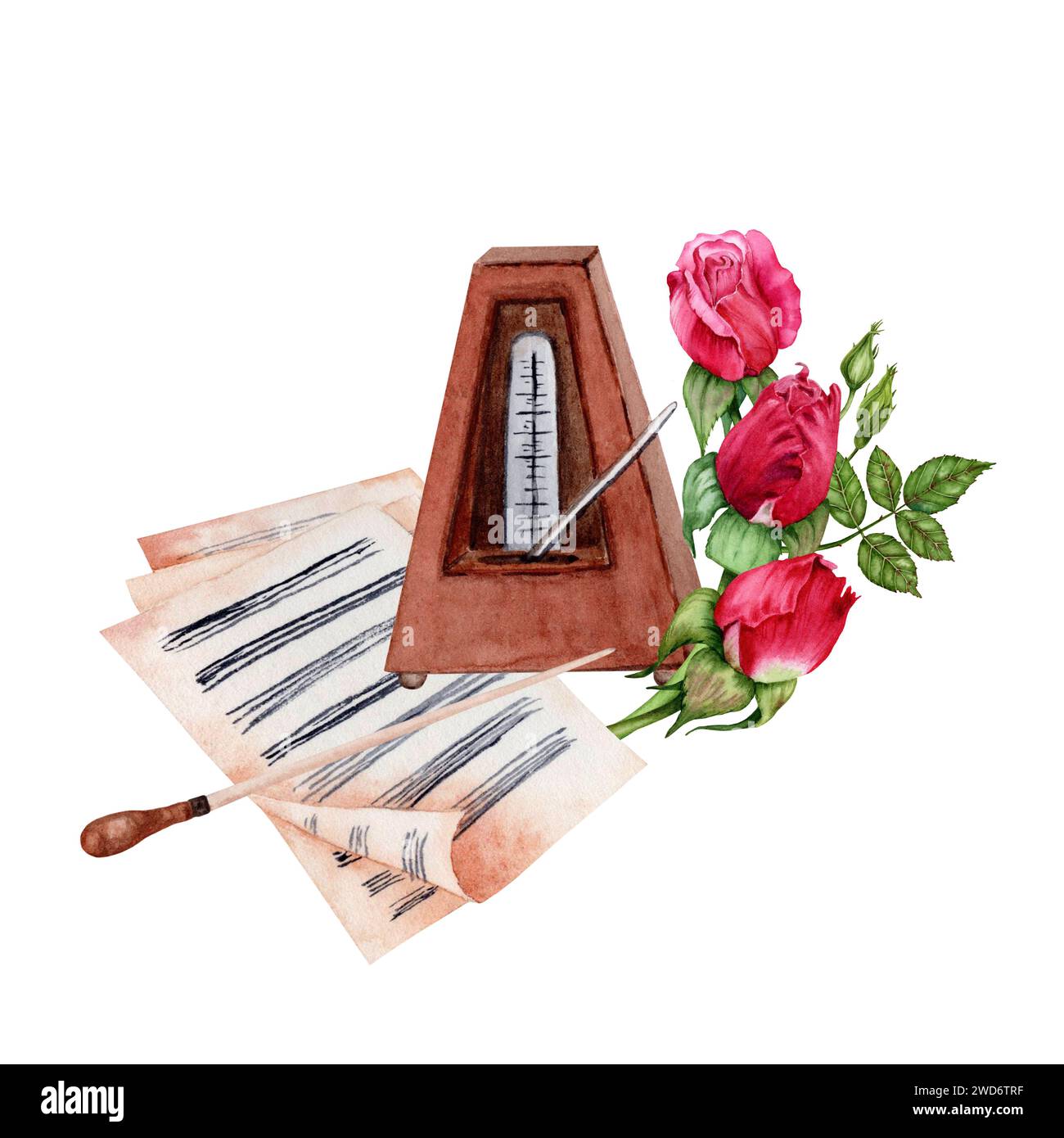 Métronome en bois, pages de partitions et Baton de chef d'orchestre décoré de roses rouges. Composition de musique classique. Illustration aquarelle isolée Banque D'Images