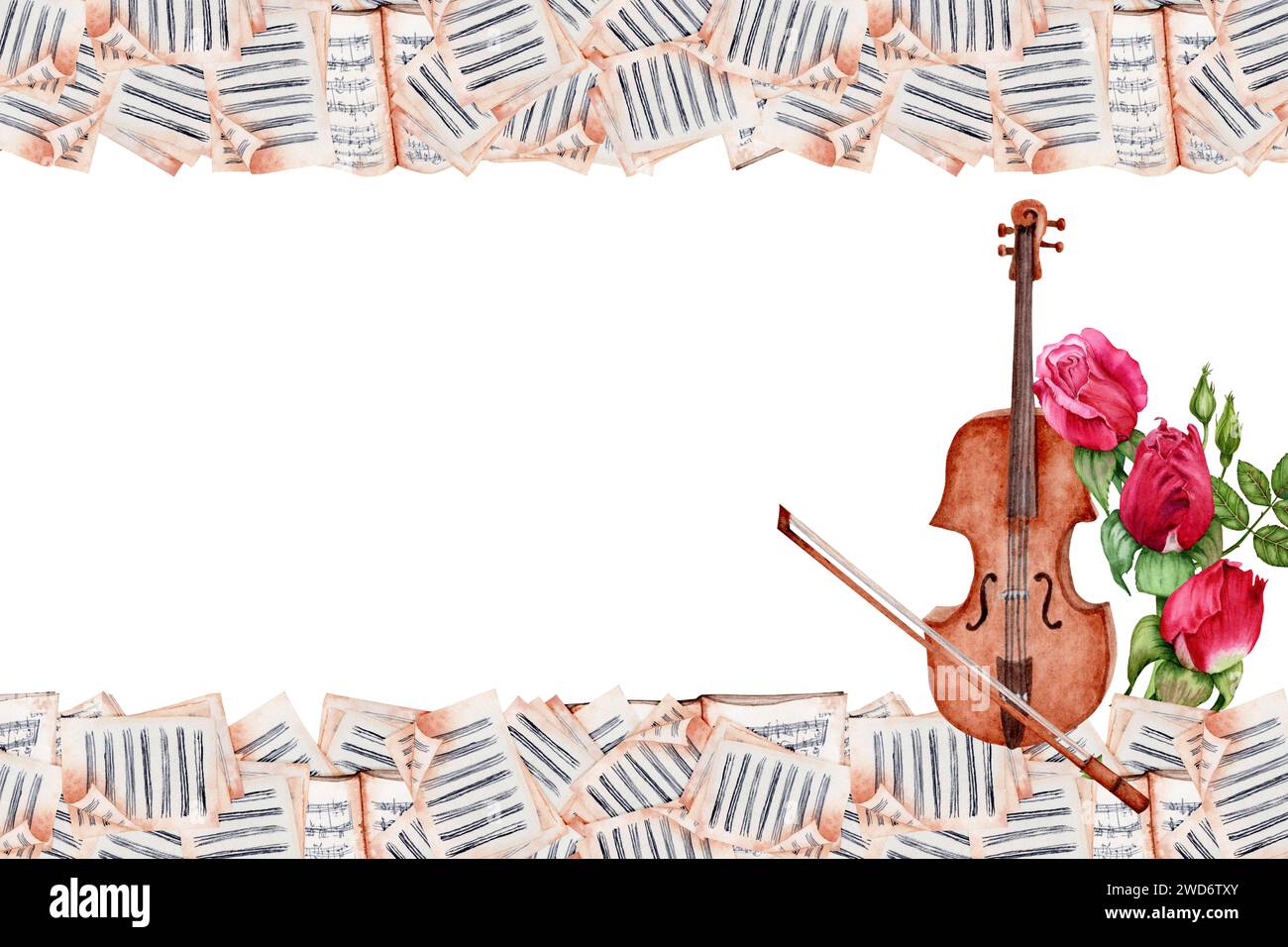 Design de carte de voeux musique classique. Violon avec arc et partitions de musique décorées avec la composition de Roses rouges. Illustration aquarelle isolée Banque D'Images