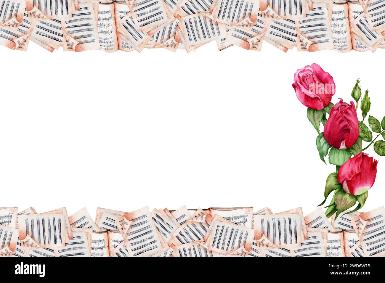 Design de carte de voeux musique classique. Partitions pages bordures et fleurs. Composition de trois roses rouges élégantes. Illustration aquarelle isolée Banque D'Images
