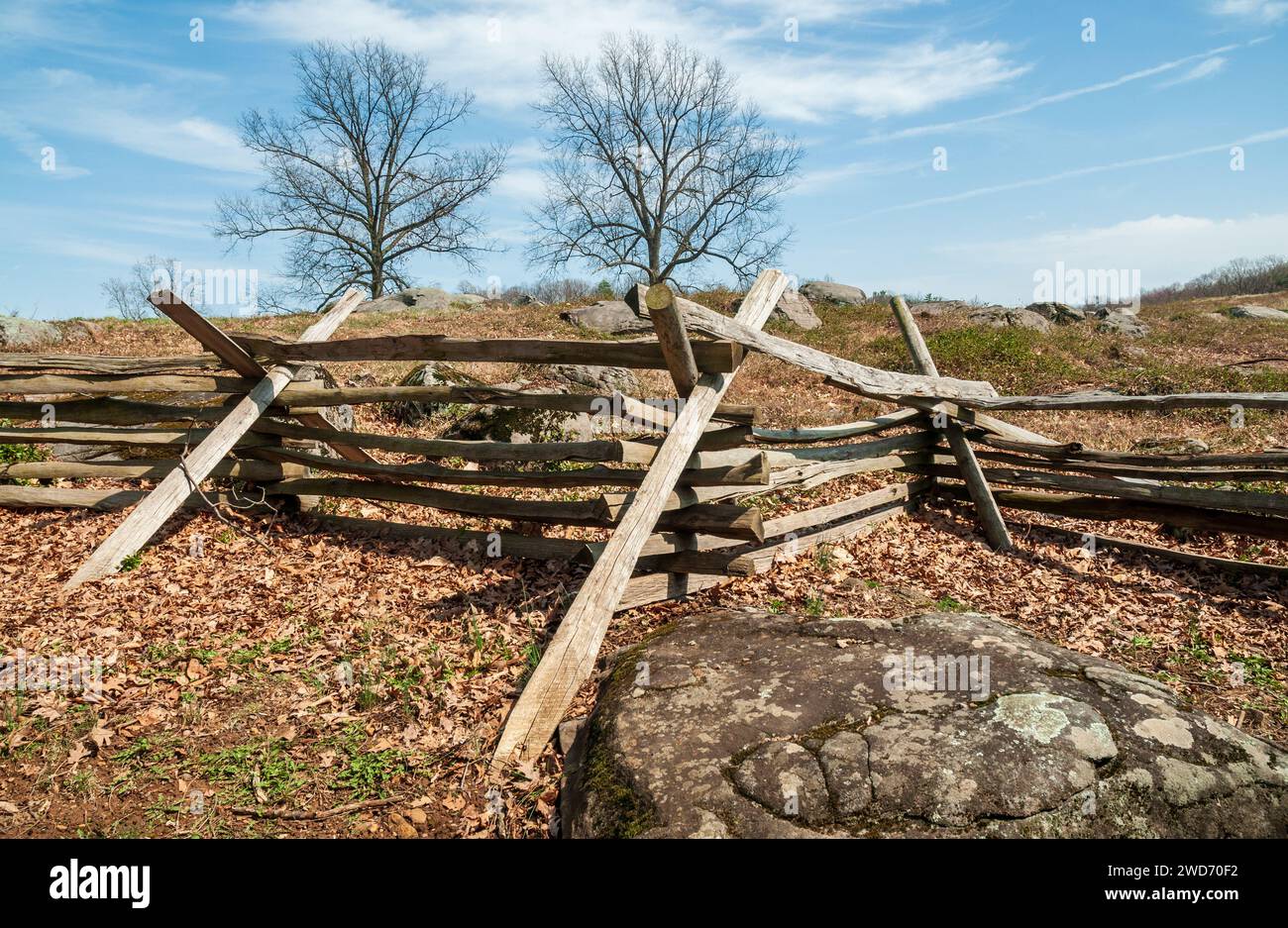 Une clôture de champ de bataille au parc militaire national de Gettysburg, champ de bataille de la guerre de Sécession, à Gettysburg, Pennsylvanie Banque D'Images