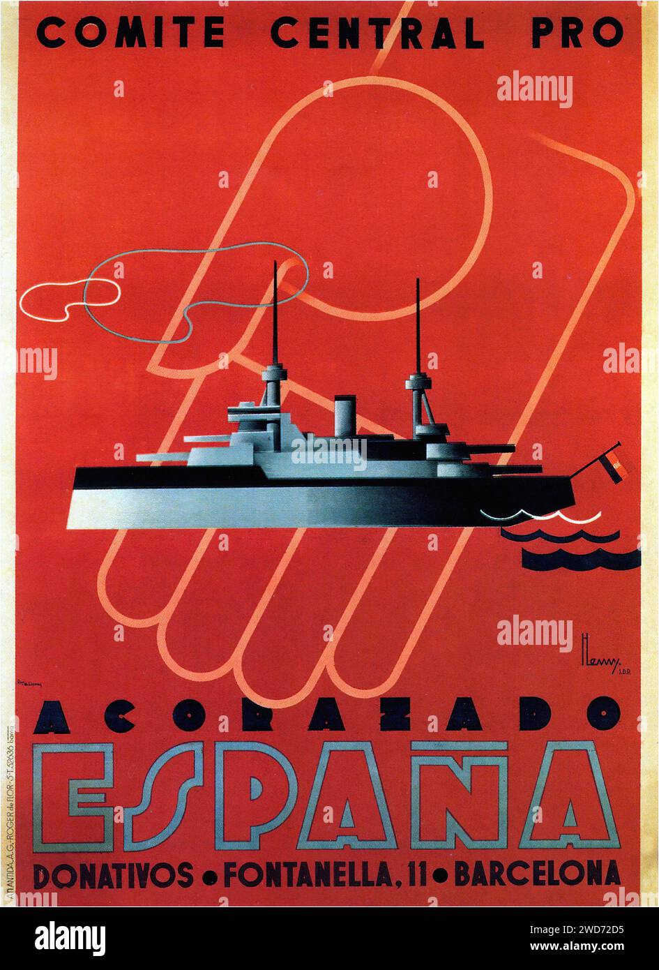 'Comite Central Pro España' 'Comité Central pour l'Espagne' une image d'un cuirassé est présentée, représentant la puissance navale. Le style minimaliste et les lignes audacieuses suggèrent la force et la modernité. - Affiche de propagande de la guerre civile espagnole (Guerra civil Española) Banque D'Images