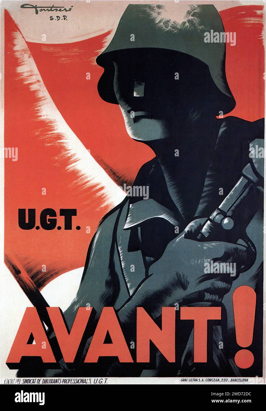 'AVANT! U.G.T.' 'FORWARD! U.G.T.' Ceci est une affiche de propagande vintage de l'époque de la guerre civile espagnole, avec l'acronyme 'U.G.T.' se référant à l'Union générale des travailleurs. Il représente la silhouette d'un soldat sur fond rouge, avec le mot « AVANT ! » Ce qui se traduit par « Suivant ! » en caractères gras. Le design de l'affiche est austère et percutant, utilisant des couleurs très contrastées et des images minimalistes pour transmettre un sentiment d'urgence et de mouvement. - Affiche de propagande de la guerre civile espagnole (Guerra civil Española) Banque D'Images