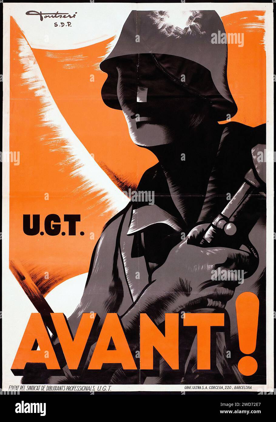 '¡AVANZA ! U.G.T.' 'FORWARD! U.G.T.' cette image est une affiche de propagande de la guerre civile espagnole qui présente une représentation graphique audacieuse d'un soldat avec un poing serré, indiquant un appel à avancer. Le contraste frappant du noir et blanc avec le fond rouge symbolise l'urgence et la ferveur du message U.G.T. Le design est emblématique de la propagande de l'époque, visant à mobiliser et inspirer l'action. - Affiche de propagande de la guerre civile espagnole (Guerra civil Española) Banque D'Images