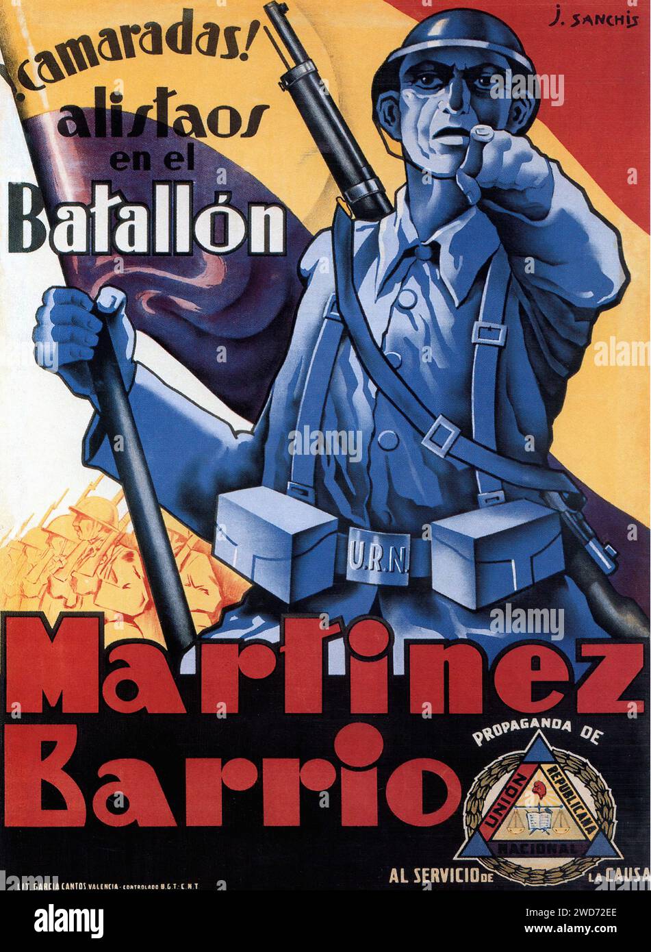 '¡CAMARADAS ! ALISTÁOS EN EL BATALLÓN MARTÍNEZ BARRIO' 'CAMARADES! Enrôlez-vous dans le bataillon Martinez Barrio.' L'affiche est un appel de recrutement pour le bataillon Martinez Barrio, mettant en vedette un soldat pointant directement vers le spectateur, rappelant les célèbres affiches "Je veux vous". La conception graphique emploie des nuances de bleu et de rouge avec une toile de fond de soldats, créant un sentiment d'immédiateté et de devoir - affiche de propagande de la guerre civile espagnole (Guerra civil Española) Banque D'Images