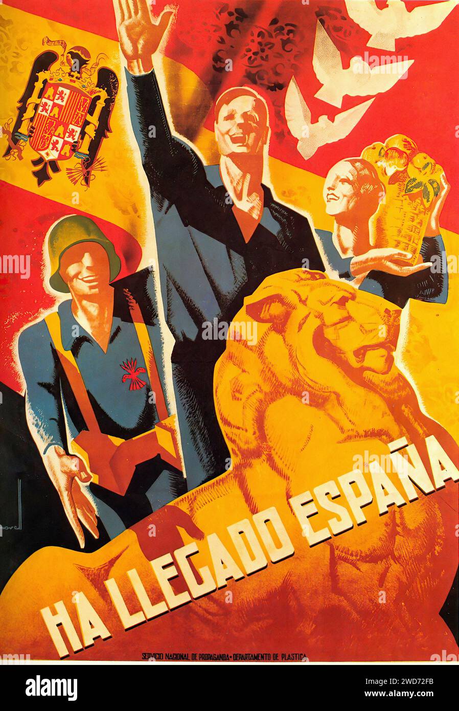 'HA LLEGADO España' 'l'Espagne est arrivée.' Cette image est une affiche vibrante et patriotique de la guerre civile espagnole. Il présente des personnages aux armes levées, un lion rugissant et des symboles du nationalisme espagnol, tels que le drapeau et un emblème. Le style de l'affiche est caractéristique de la propagande nationaliste de l'époque, avec des couleurs vives et une composition dynamique destinées à évoquer un sentiment de fierté et de résurgence - affiche de propagande de la guerre civile espagnole (Guerra civil Española) Banque D'Images