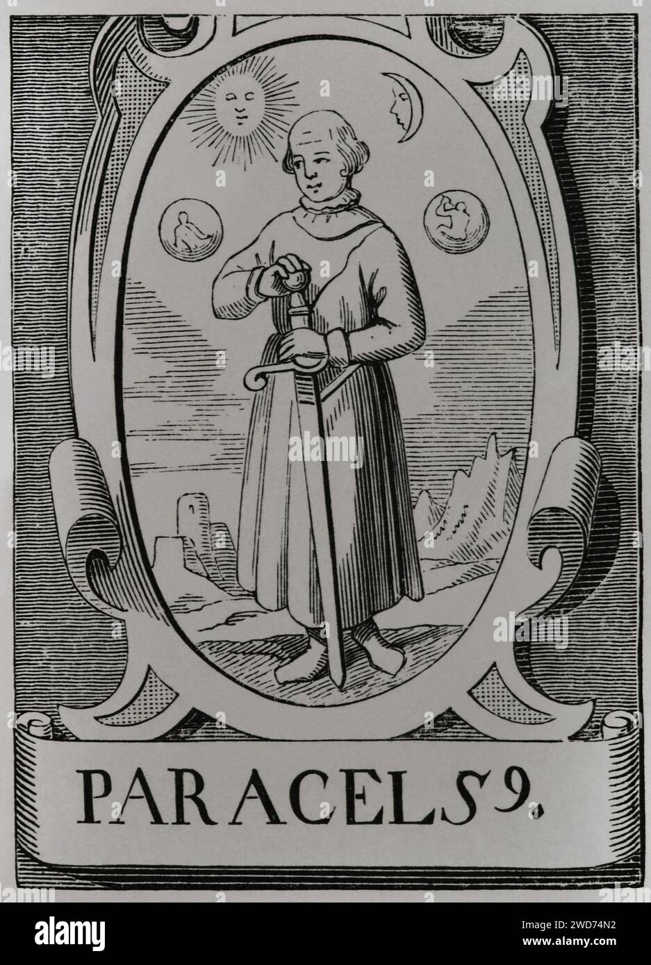 Paracelse (1493-1541) Médecin germano-suisse. Portrait d'après une gravure de Jean de Vries. Sciences & lettres au Moyen Age et à l'époque de la Renaissance. Paris, 1877. Auteur : Jean de Vries. artiste du 16e siècle. Banque D'Images