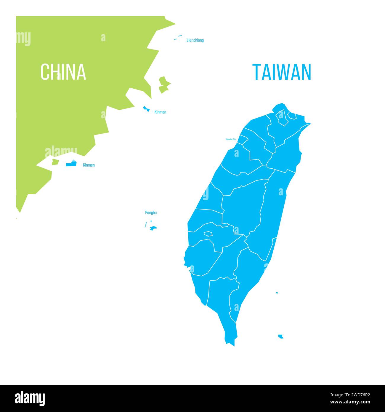 Carte politique de Taïwan et d'une partie de la Chine. Carte bleue divisée en divisions administratives. Carte vectorielle vierge. Illustration de Vecteur