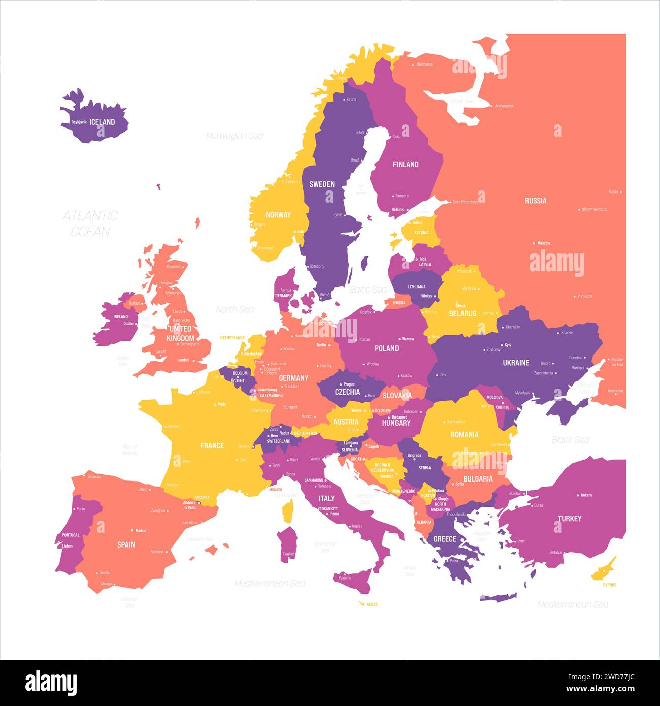 Carte politique de l'Europe. Carte vectorielle de couleur bleue avec ...