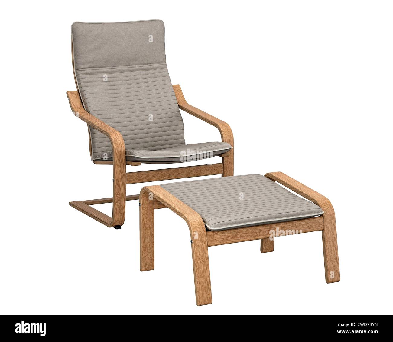 Chaise en bois incurvée pour une posture assise détendue et confortable. Fauteuil combiné avec tabouret. Mobilier intérieur moderne isolé sur un fond blanc. Banque D'Images