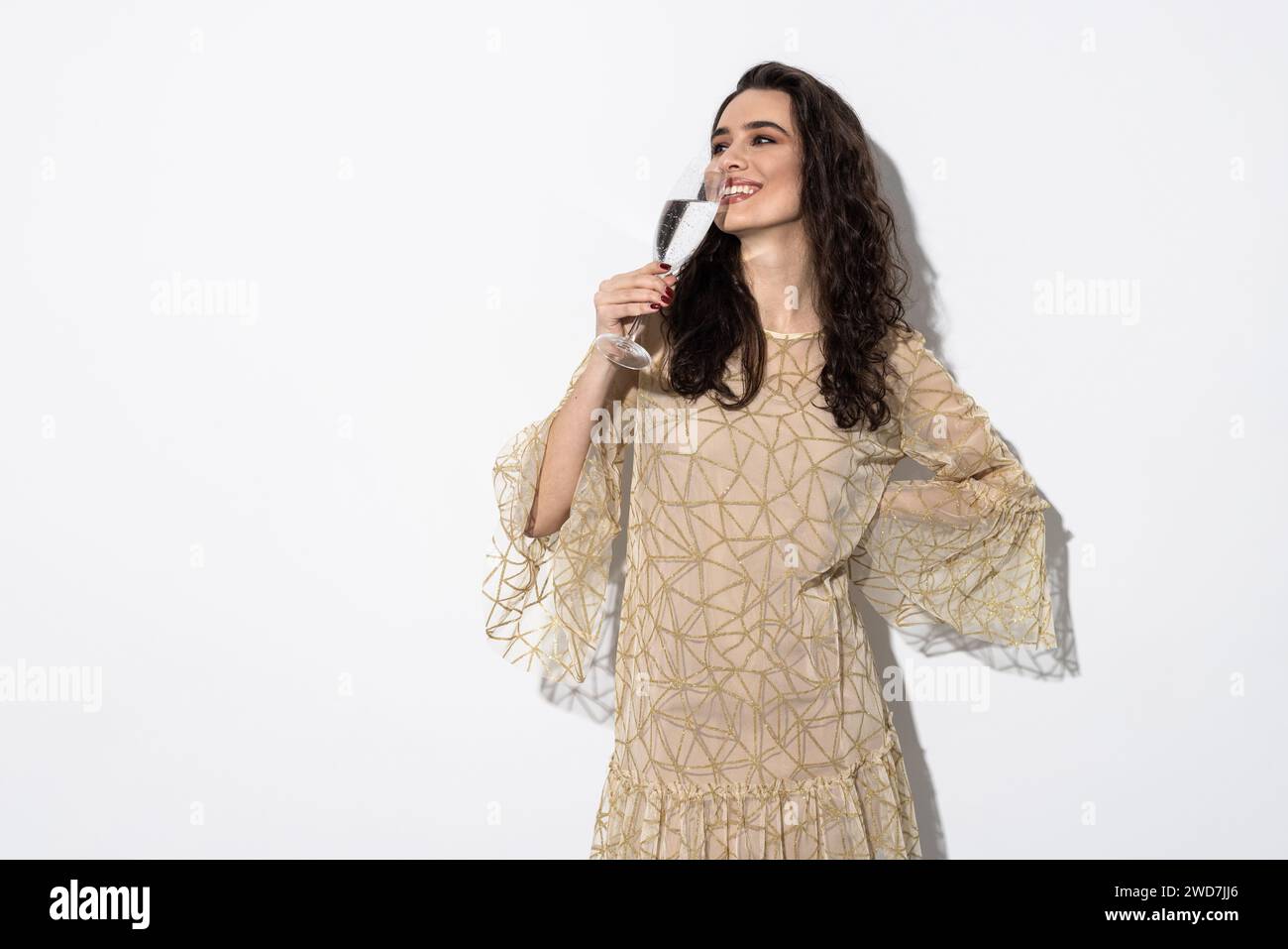 Portrait of attractive young brunette festive offrant un verre de champagne. Banque D'Images