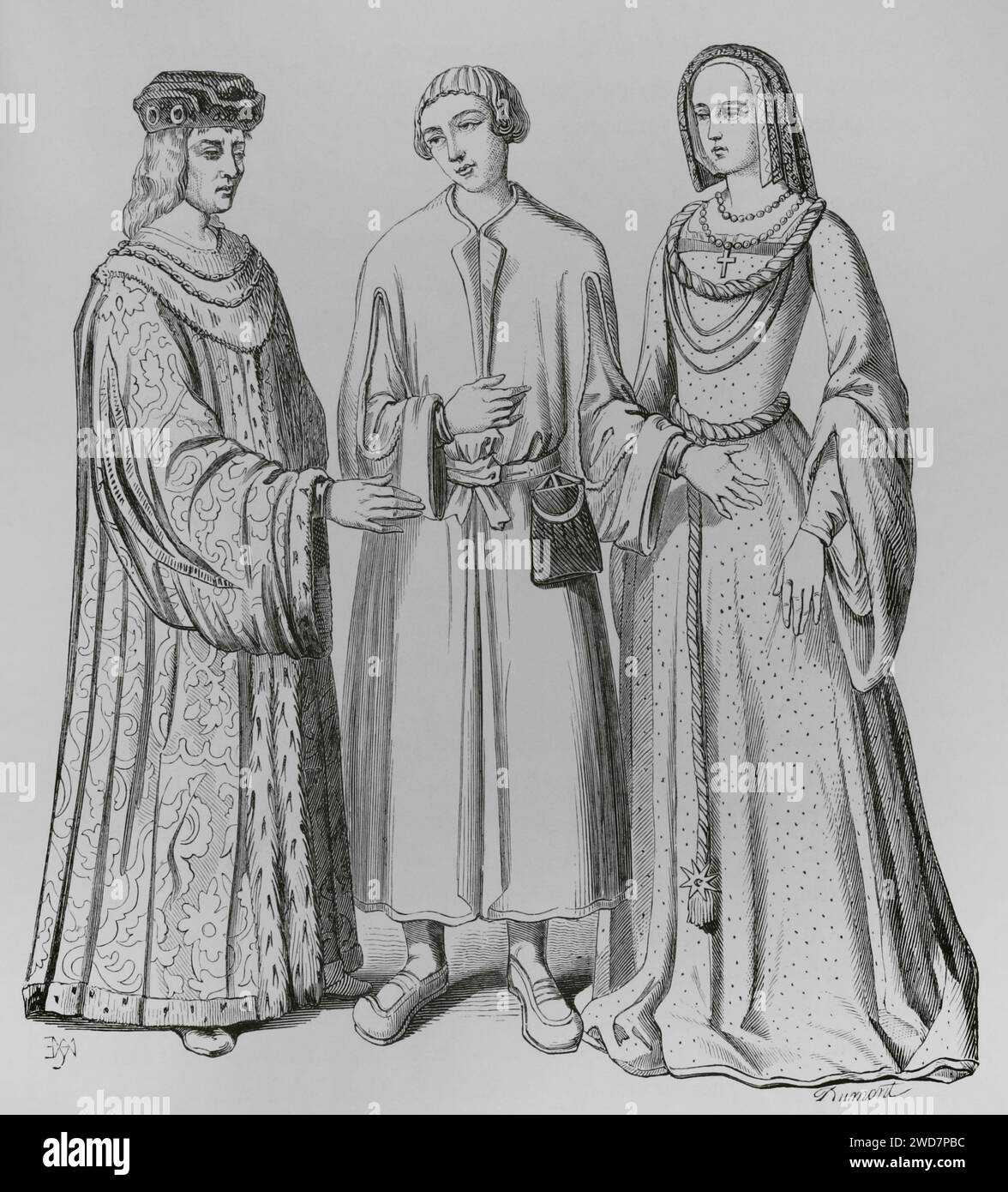 Histoire de France. Costume d'un seigneur ou riche bourgeois, d'un bourgeois ou marchand, et noble ou riche bourgeois, de l'époque de Louis XII Gravure d'après les miniatures du 16e siècle. « Moeurs, usages et costumes au moyen-âge et à l'époque de la Renaissance », par Paul Lacroix. Paris, 1878. Banque D'Images