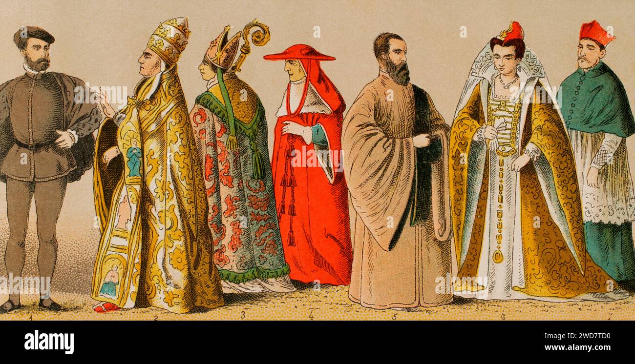 Histoire de l'Italie. 1500. De gauche à droite, 1 : chevalier vénitien, 2 : tenue pontificale, 3 : assistant au trône papal, 4 : cardinal, 5 : procureur de Saint-Marc, 6 : épouse du doge, 7 : cardinal. Chromolithographie. Historia Universal', de César Cantú. Volume VIII, 1881. Banque D'Images