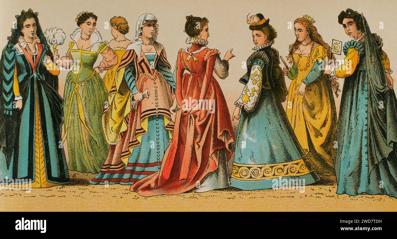 Histoire de l'Italie. 1500-1600. Robes de madame. Historia Universal', de César Cantú. Volume VII, 1881. Banque D'Images