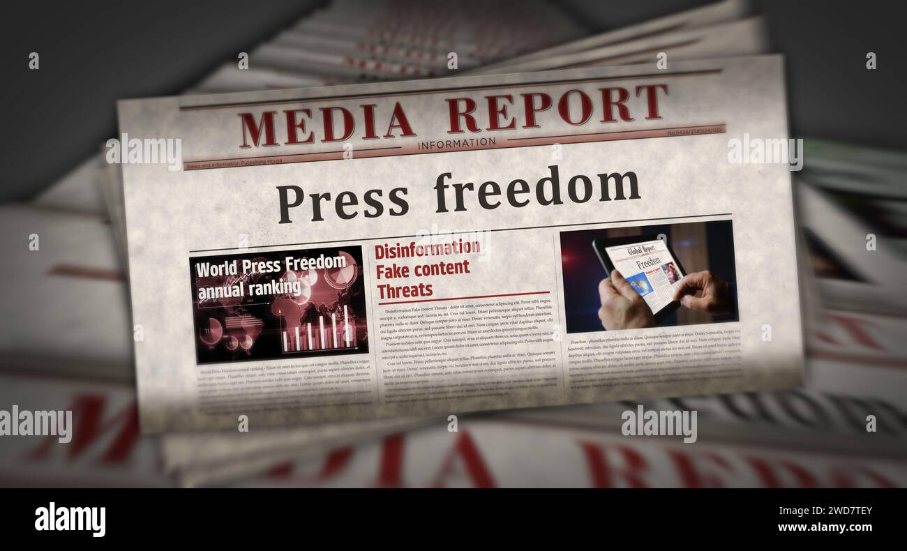Liberté de la presse et journalisme libre nouvelles anciennes et impression de journaux. Concept abstrait rétro titres illustration 3D. Banque D'Images