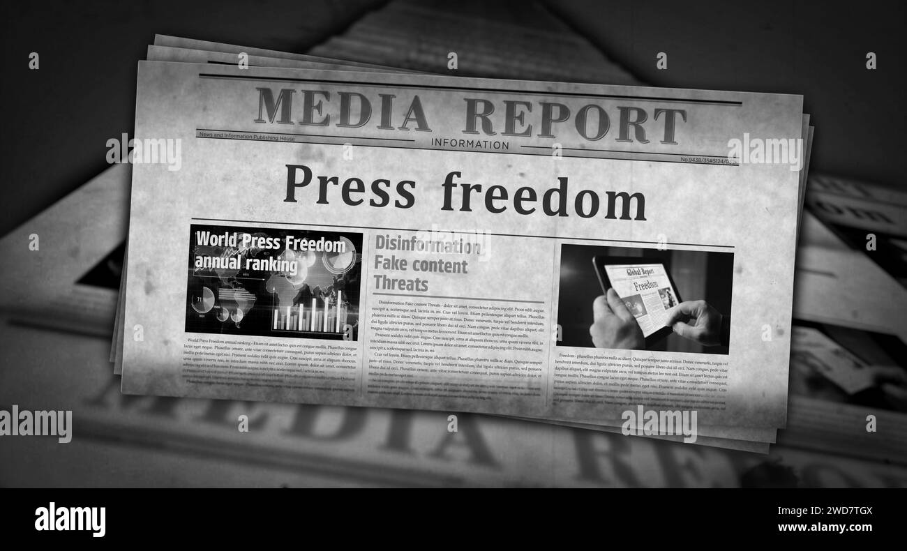 Liberté de la presse et journalisme libre nouvelles anciennes et impression de journaux. Concept abstrait rétro titres illustration 3D. Banque D'Images