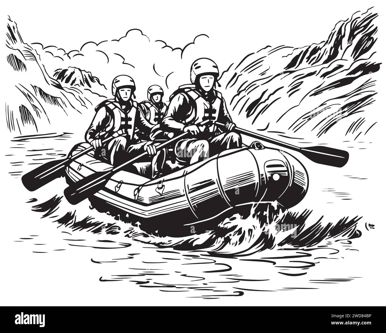 Croquis à la main de personnes sur un raft rafting sport Illustration de Vecteur