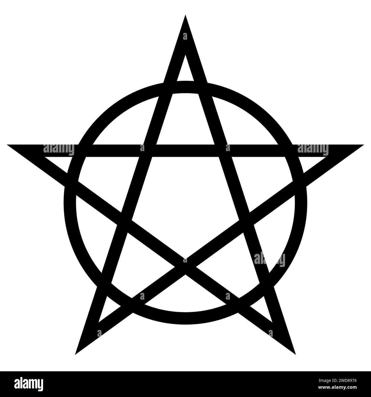 Pentagramme circonscrit par un cercle. Signe étoile à cinq branches. Symbole magique de la foi. Illustration noire plate simple. Illustration de Vecteur