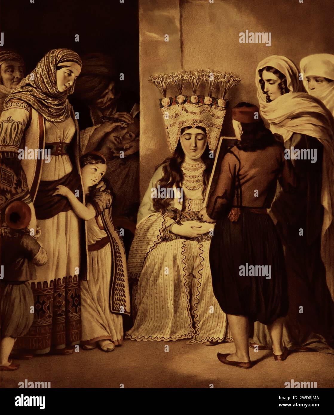 Louis Dupre (1798-1837) : mariée athénienne. Lithographie tirée du folio Voyage an Athenes et Constantinople, Paris 1825, montre les préparatifs du mariage athénien. La mariée attend pendant que le marié est rituellement rasé. Musée Benaki Athènes Grèce. Banque D'Images