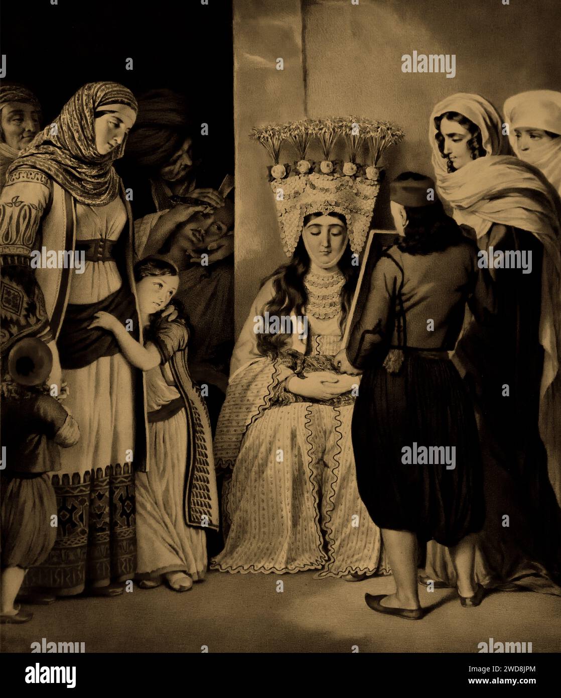 Louis Dupre (1798-1837) : mariée athénienne. Lithographie tirée du folio Voyage an Athenes et Constantinople, Paris 1825, montre les préparatifs du mariage athénien. La mariée attend pendant que le marié est rituellement rasé. Musée Benaki Athènes Grèce. Banque D'Images
